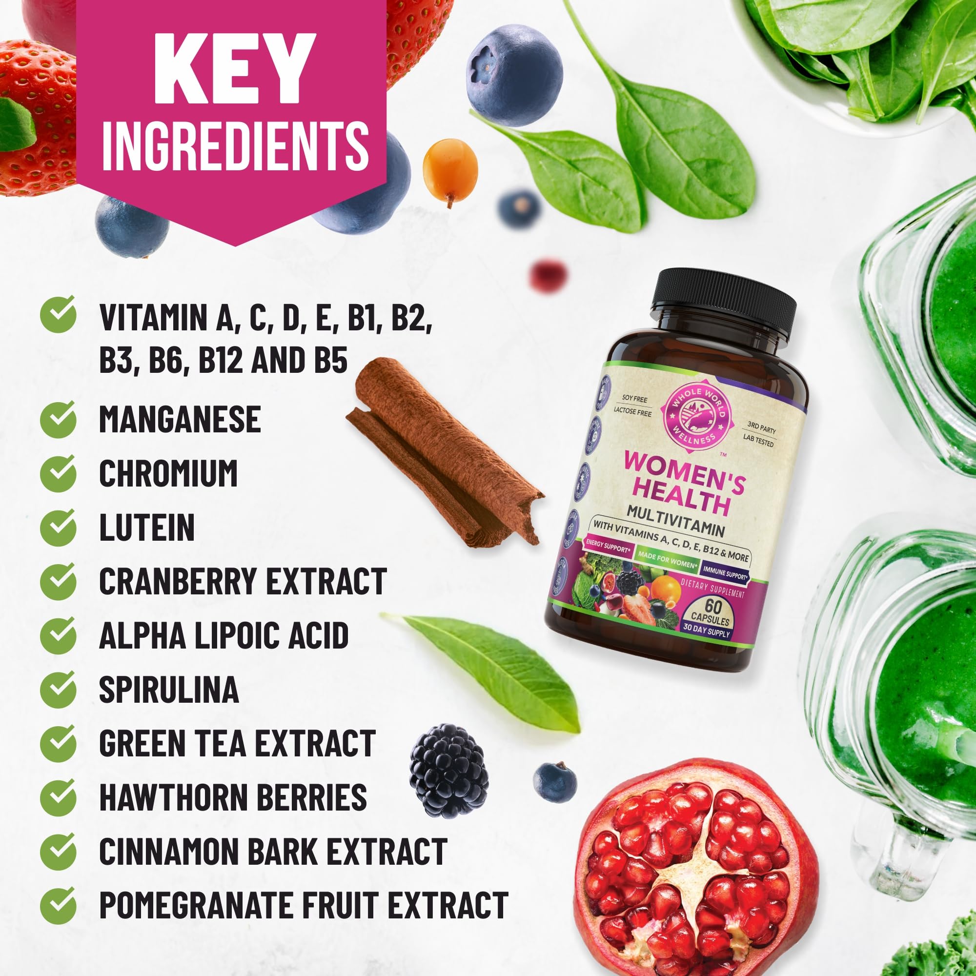 WHOLE WORLD WELLNESS Womens Daily Multivitamin Multimineral Supplement for Energy, Mood, Focus, Hair, Skin & Nails. Made for Women with 30+ Nutrients, Fruit & Energy Blend. Womens Vitamins, USA Made. - TrustMedUSA