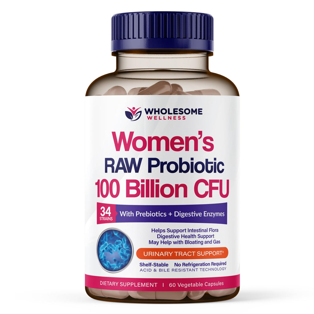 Wholesome Wellness Dr. Formulated Raw Probiotics for Women 100 Billion CFUs Capsules with Prebiotics, Digestive Enzymes, Approved for Adults, Shelf Stable Supplement - Maple Wellness Supplements