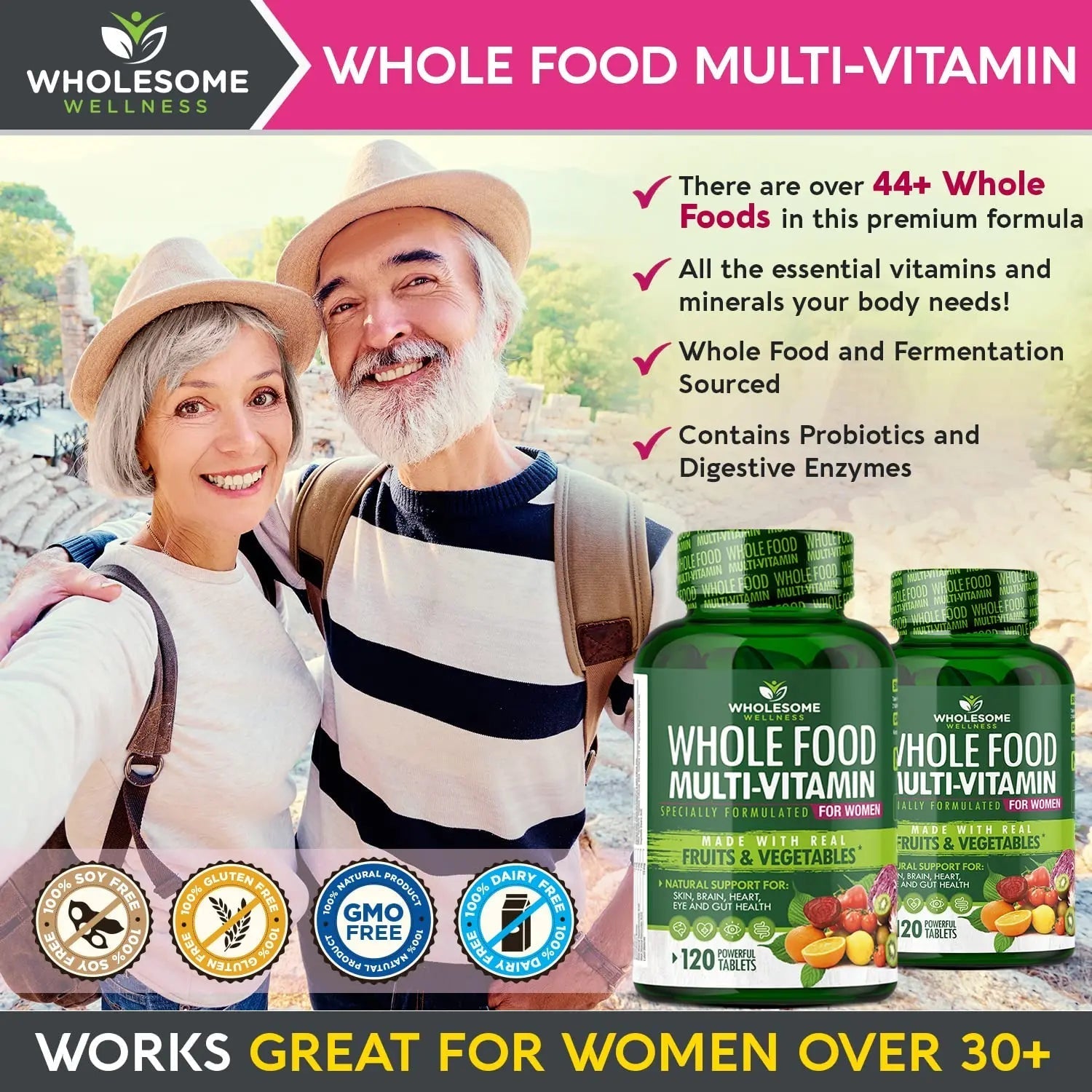 Wholesome Wellness Whole Food Multivitamin for Women - Natural Multi Vitamins, Minerals, Organic Extracts - 120 Tablets - TrustMedUSA