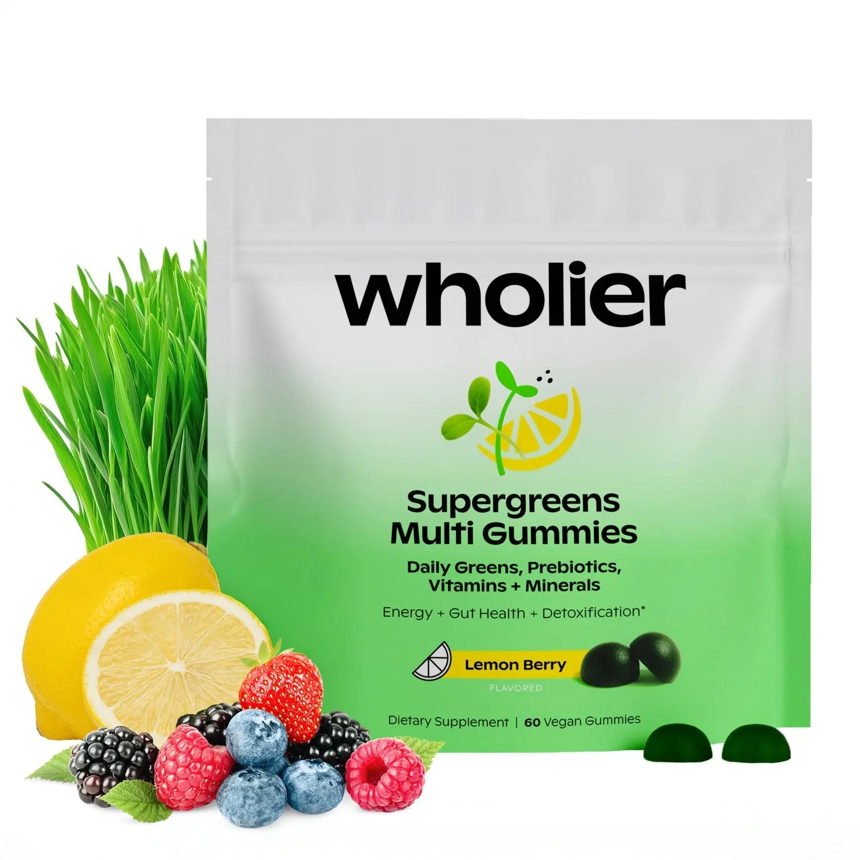 wholier Daily Supergreens Gummies, Greens Supplement with Prebiotics, Fiber, Adaptogens, Vegan Multivitamin, 9 Essential Vitamins + Minerals, 1g Sugar, 2 Gummy Serving (60 Gummies, 30 Day Supply) - TrustMedUSA
