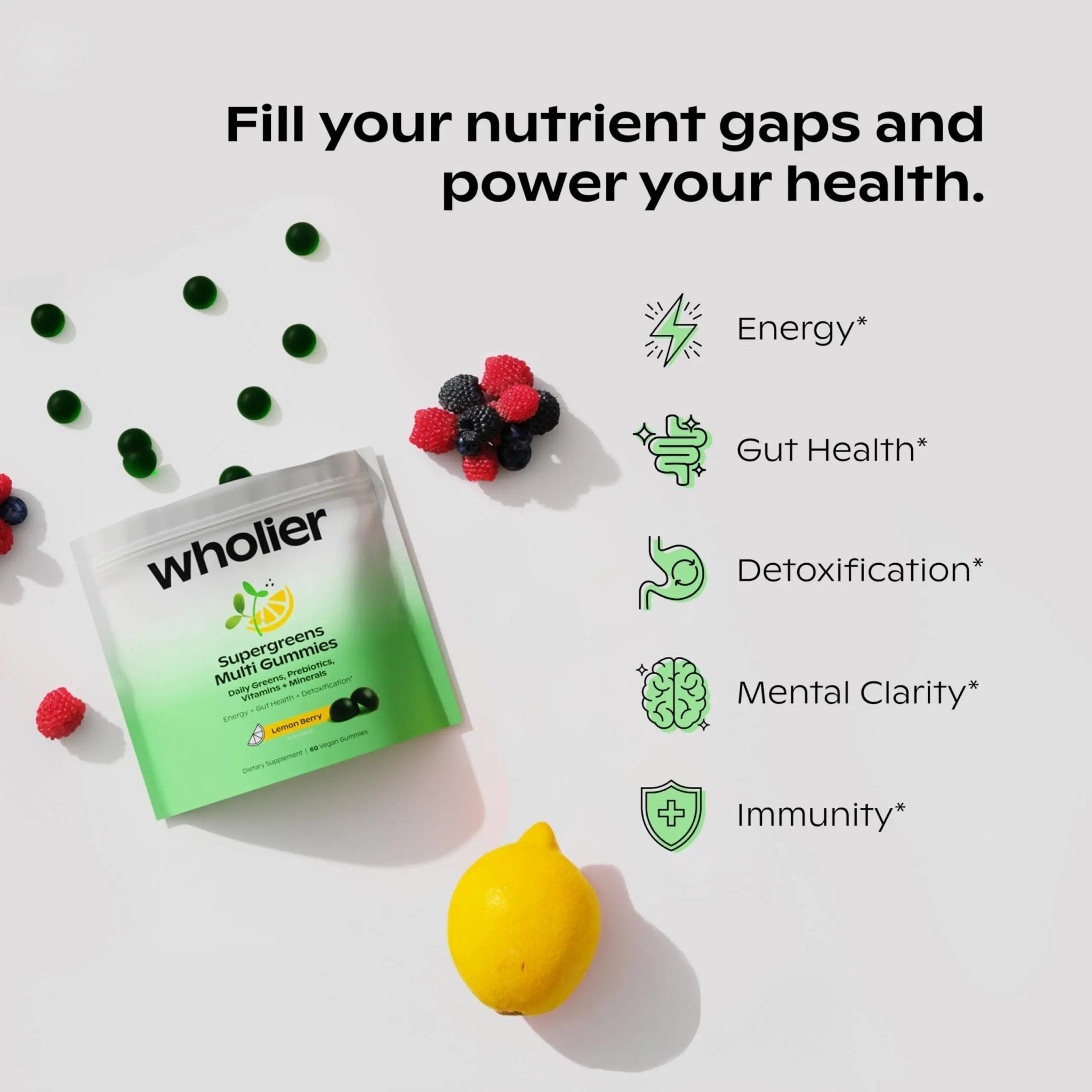 wholier Daily Supergreens Gummies, Greens Supplement with Prebiotics, Fiber, Adaptogens, Vegan Multivitamin, 9 Essential Vitamins + Minerals, 1g Sugar, 2 Gummy Serving (60 Gummies, 30 Day Supply) - TrustMedUSA
