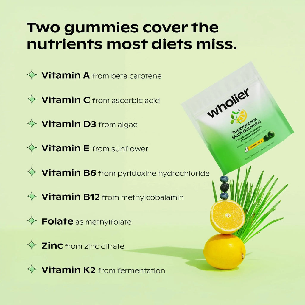 wholier Daily Supergreens Gummies, Greens Supplement with Prebiotics, Fiber, Adaptogens, Vegan Multivitamin, 9 Essential Vitamins + Minerals, 1g Sugar, 2 Gummy Serving (60 Gummies, 30 Day Supply) - TrustMedUSA