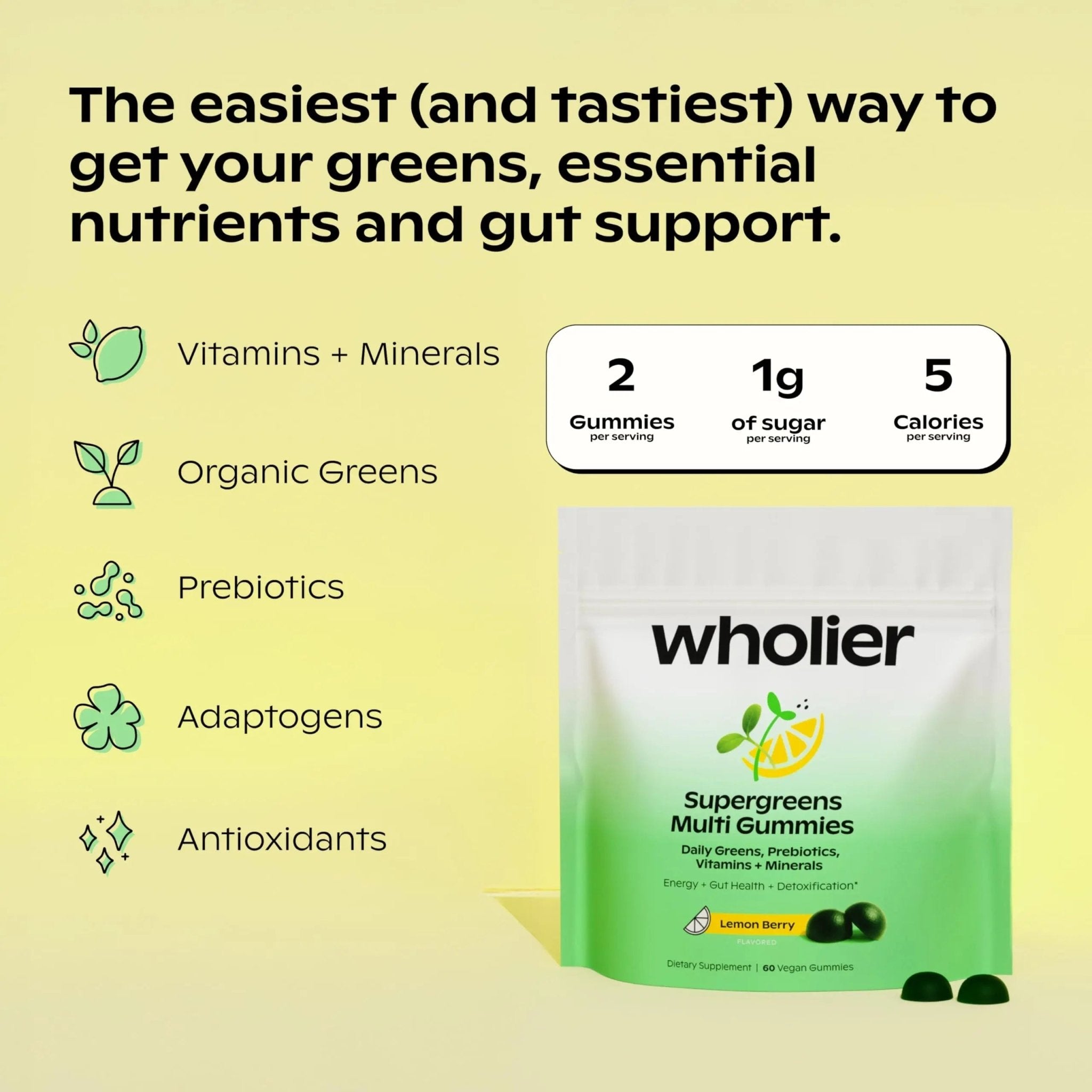 wholier Daily Supergreens Gummies, Greens Supplement with Prebiotics, Fiber, Adaptogens, Vegan Multivitamin, 9 Essential Vitamins + Minerals, 1g Sugar, 2 Gummy Serving (60 Gummies, 30 Day Supply) - TrustMedUSA