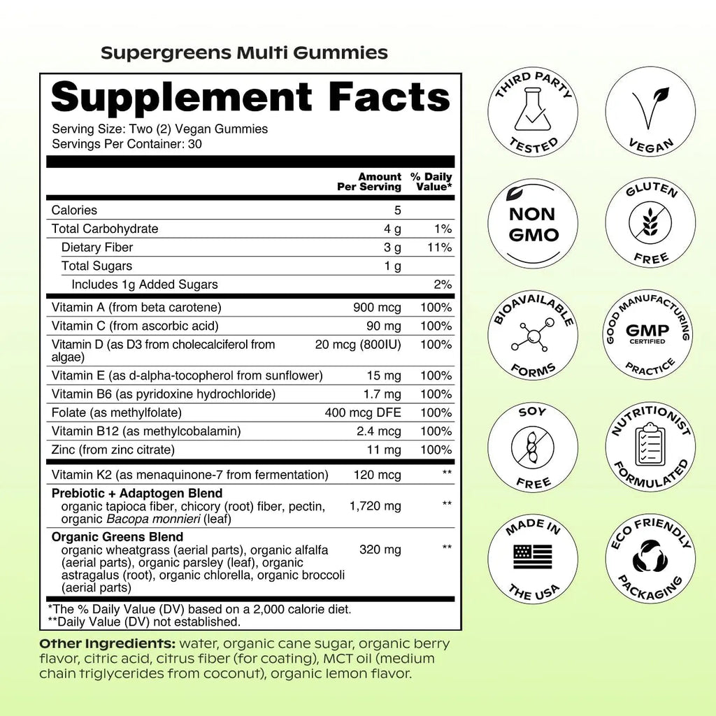 wholier Daily Supergreens Gummies, Greens Supplement with Prebiotics, Fiber, Adaptogens, Vegan Multivitamin, 9 Essential Vitamins + Minerals, 1g Sugar, 2 Gummy Serving (60 Gummies, 30 Day Supply) - TrustMedUSA