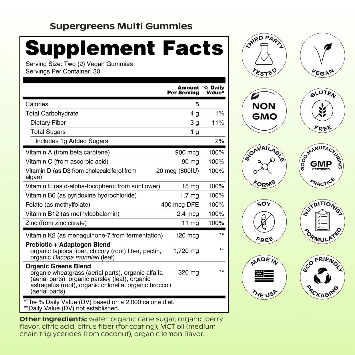 wholier Daily Supergreens Gummies, Greens Supplement with Prebiotics, Fiber, Adaptogens, Vegan Multivitamin, 9 Essential Vitamins + Minerals, 1g Sugar, 2 Gummy Serving (60 Gummies, 30 Day Supply) - TrustMedUSA