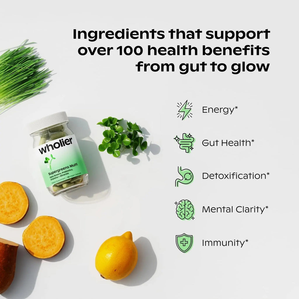 wholier Supergreens Multi, Daily Greens, Vegan Multivitamin for Women + Men, Whole Food Vitamins + Minerals, Prebiotics for Gut Health, Adaptogens (60 Vegan Capsules) Glass Bottle - TrustMedUSA