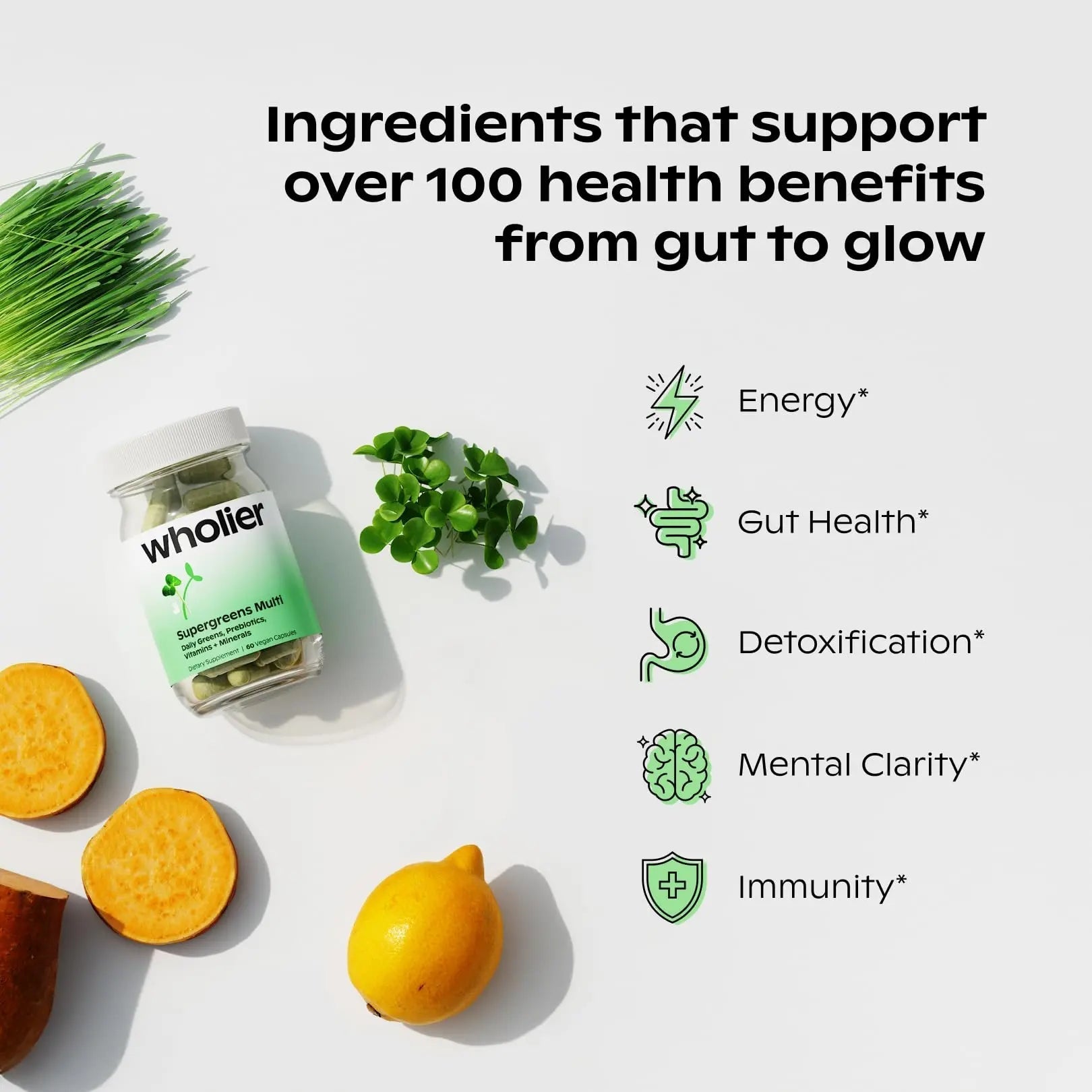 wholier Supergreens Multi, Daily Greens, Vegan Multivitamin for Women + Men, Whole Food Vitamins + Minerals, Prebiotics for Gut Health, Adaptogens (60 Vegan Capsules) Glass Bottle - TrustMedUSA