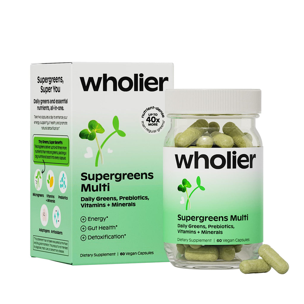 wholier Supergreens Multi, Daily Greens, Vegan Multivitamin for Women + Men, Whole Food Vitamins + Minerals, Prebiotics for Gut Health, Adaptogens (60 Vegan Capsules) Glass Bottle - TrustMedUSA