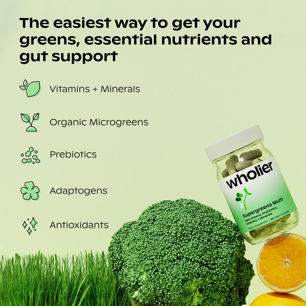 wholier Supergreens Multi, Daily Greens, Vegan Multivitamin for Women + Men, Whole Food Vitamins + Minerals, Prebiotics for Gut Health, Adaptogens (60 Vegan Capsules) Glass Bottle - TrustMedUSA