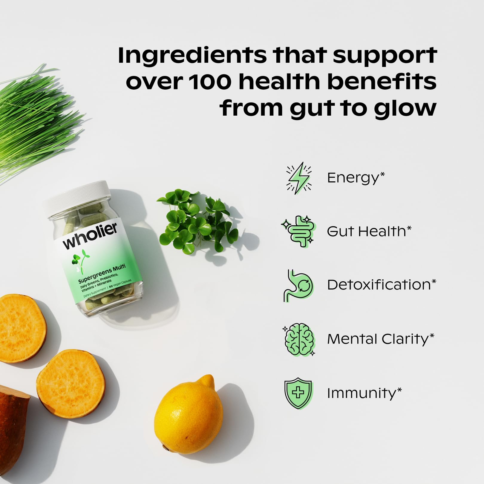 wholier Supergreens Multi, Daily Greens, Vegan Multivitamin for Women + Men, Whole Food Vitamins + Minerals, Prebiotics for Gut Health, Adaptogens (60 Vegan Capsules) Glass Bottle - TrustMedUSA