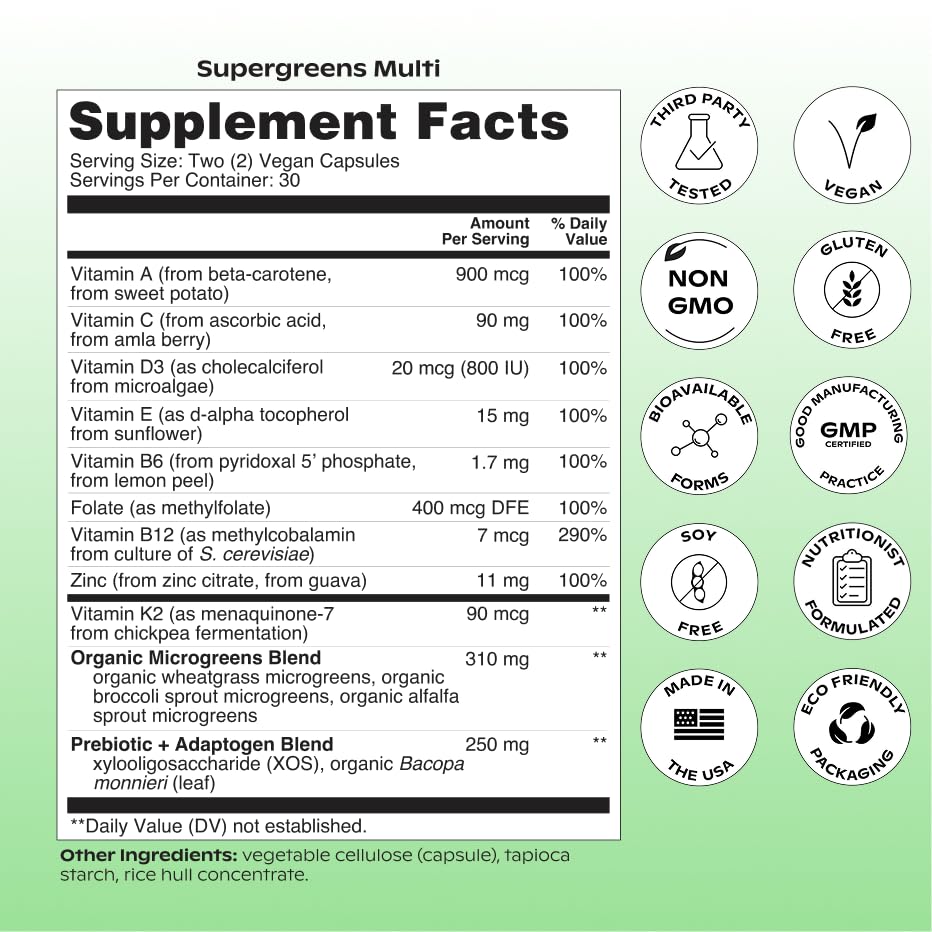 wholier Supergreens Multi, Daily Greens, Vegan Multivitamin for Women + Men, Whole Food Vitamins + Minerals, Prebiotics for Gut Health, Adaptogens (60 Vegan Capsules) Glass Bottle - TrustMedUSA