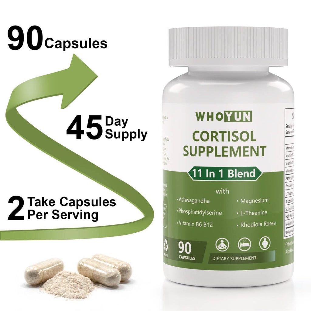 Whoyun Cortisol Supplement for Women, 11 in 1 Lower Cortisol Blend with Ashwagandha, Phosphatidylserine, Magnesium, L-Theanine, Vegan, 90 Capsules - TrustMedUSA