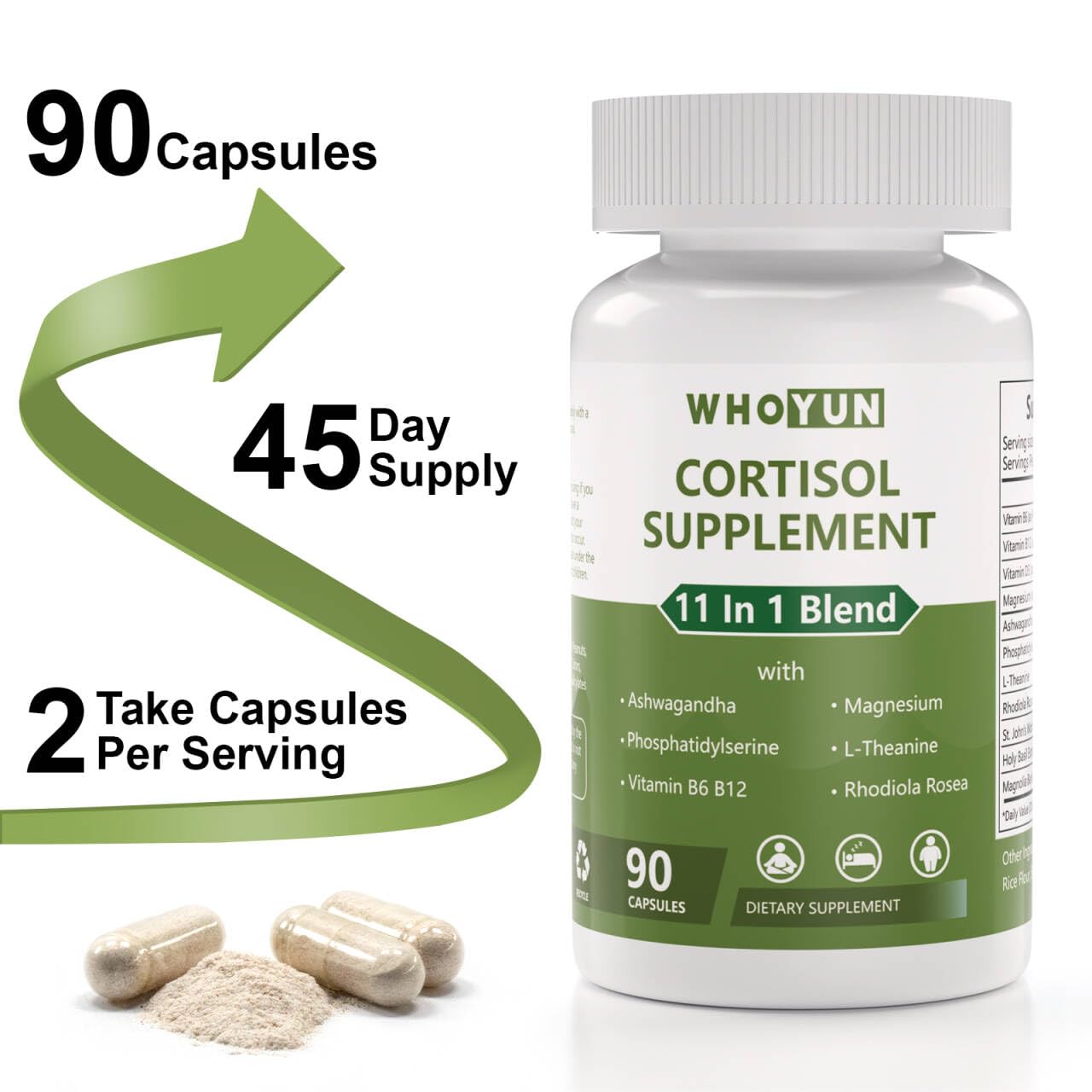 Whoyun Cortisol Supplement for Women, 11 in 1 Lower Cortisol Blend with Ashwagandha, Phosphatidylserine, Magnesium, L-Theanine, Vegan, 90 Capsules - TrustMedUSA