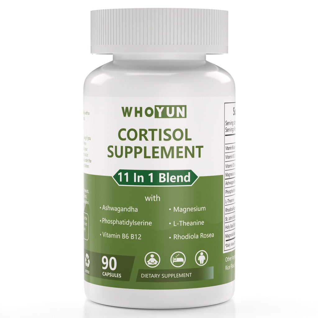 Whoyun Cortisol Supplement for Women, 11 in 1 Lower Cortisol Blend with Ashwagandha, Phosphatidylserine, Magnesium, L-Theanine, Vegan, 90 Capsules - TrustMedUSA