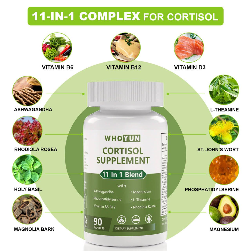 Whoyun Cortisol Supplement for Women, 11 in 1 Lower Cortisol Blend with Ashwagandha, Phosphatidylserine, Magnesium, L-Theanine, Vegan, 90 Capsules - TrustMedUSA