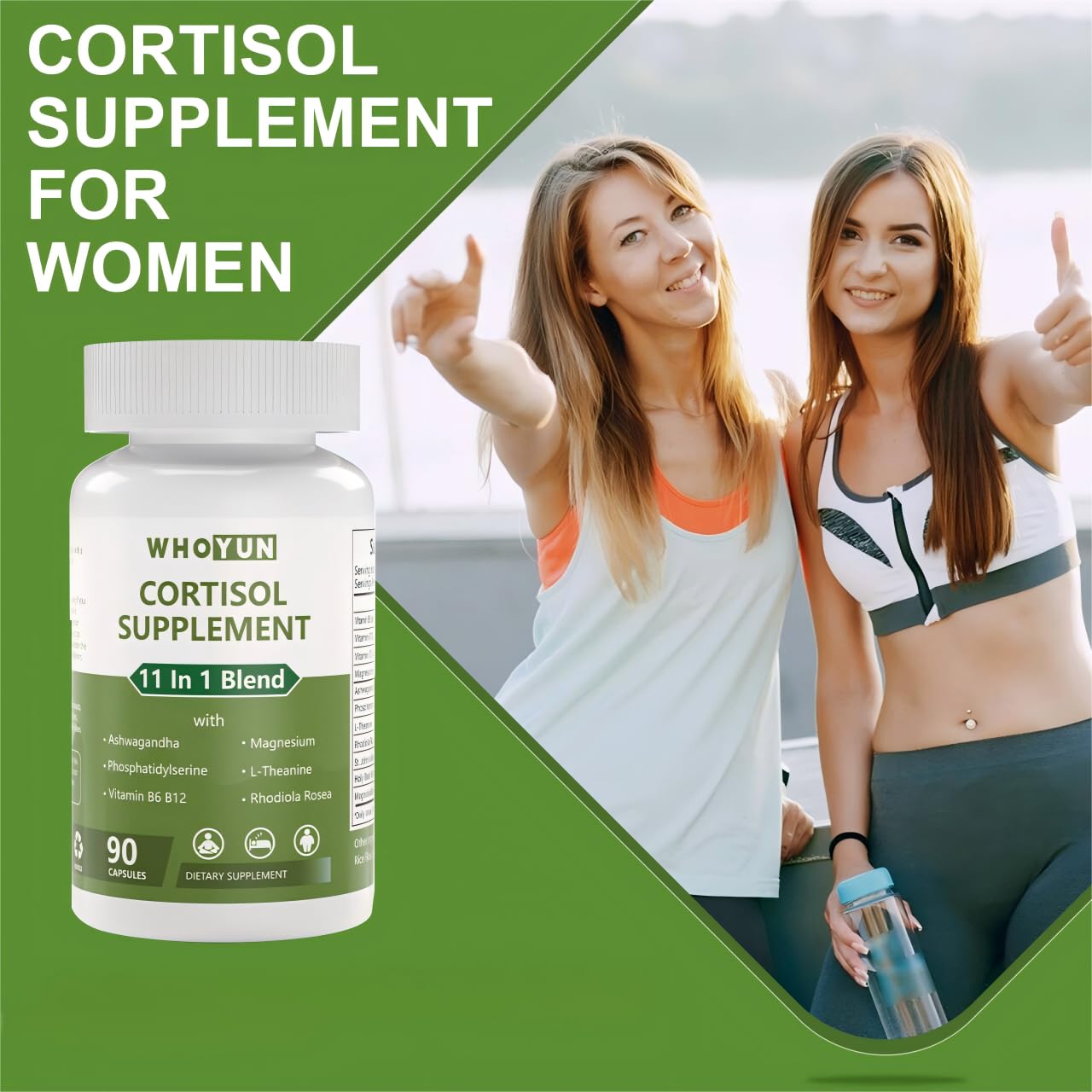 Whoyun Cortisol Supplement for Women, 11 in 1 Lower Cortisol Blend with Ashwagandha, Phosphatidylserine, Magnesium, L-Theanine, Vegan, 90 Capsules - TrustMedUSA