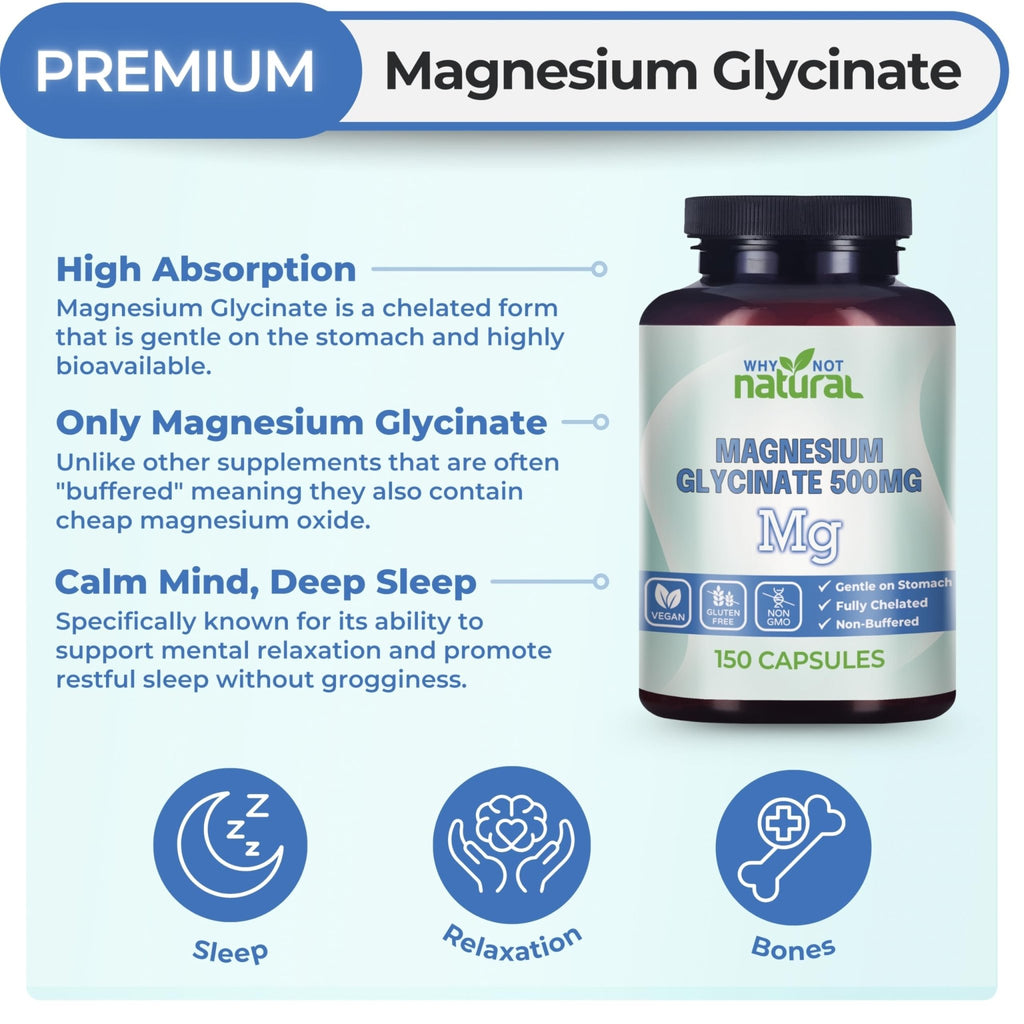 Why Not Natural Magnesium Glycinate 500 mg Capsules Supplement - Vegan, No Filler - Supports Sleep and Relaxation - TrustMedUSA