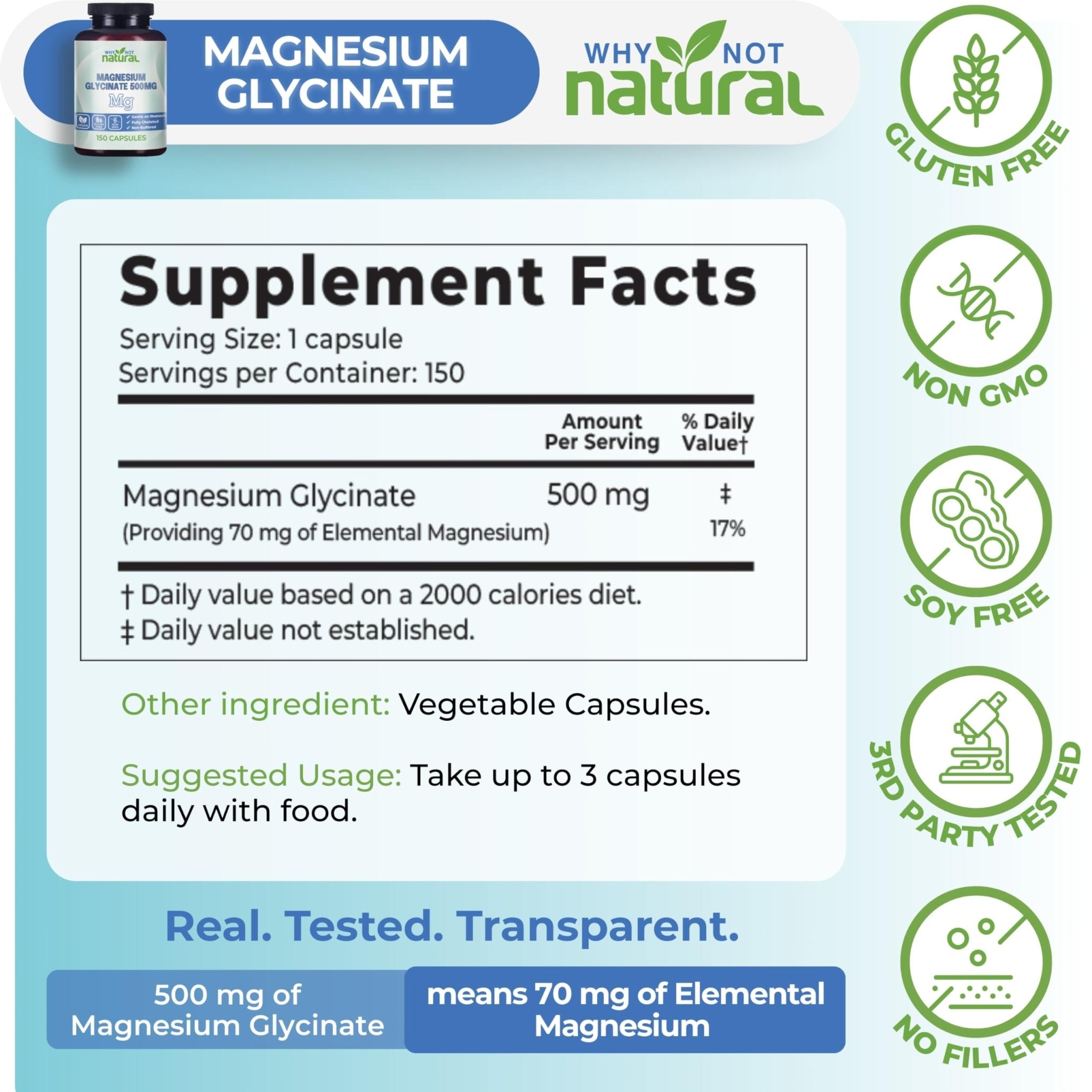 Why Not Natural Magnesium Glycinate 500 mg Capsules Supplement - Vegan, No Filler - Supports Sleep and Relaxation - TrustMedUSA