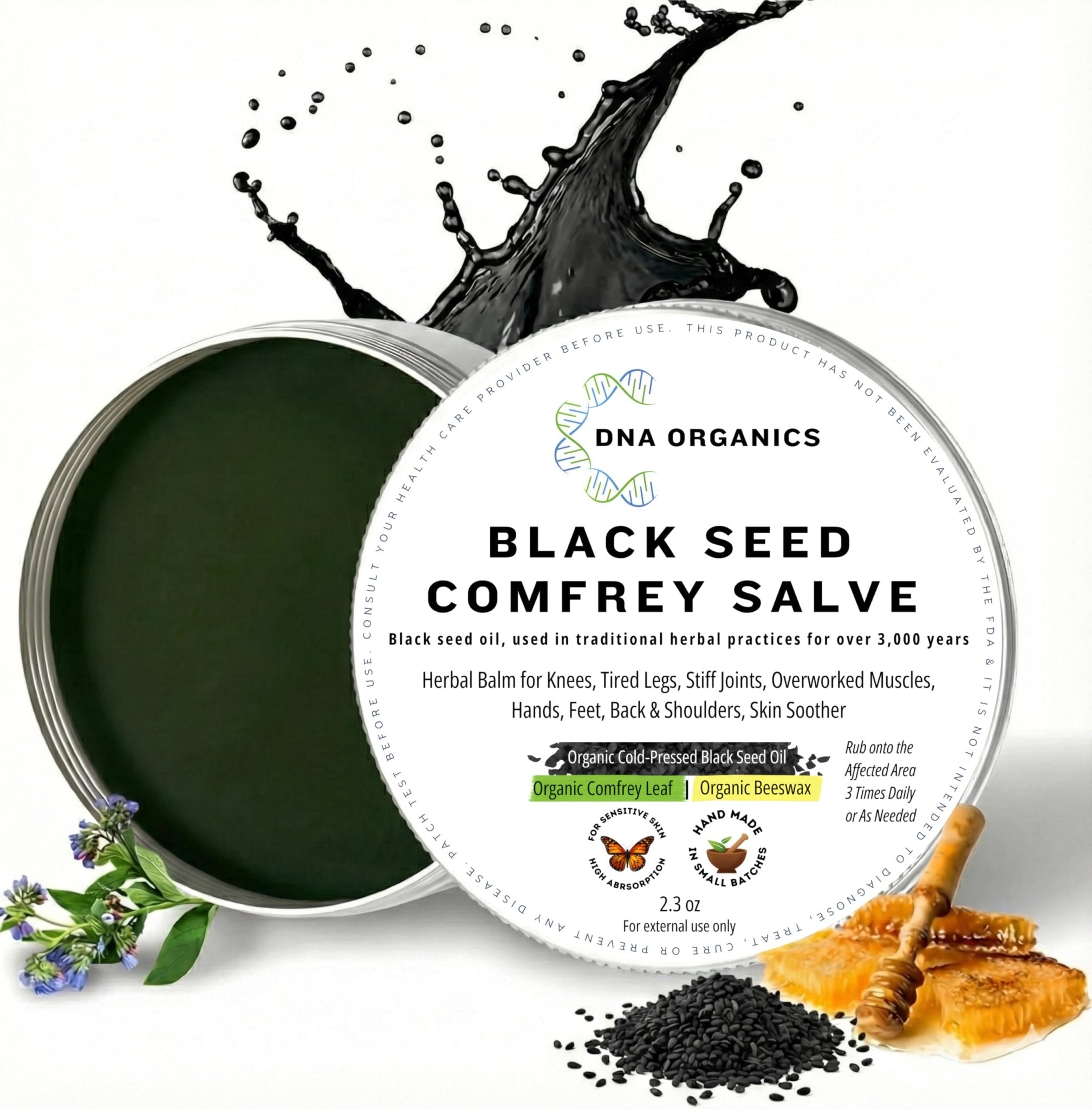 Wild Castle DNA Organics Black Seed Oil Comfrey Salve 2.3 oz – Organic Herbal Salve for Joint and Muscles & Tattoo Care. Balm for Soothing Relief. Handcrafted, Slow-Infused, No Chemical Fillers - TrustMedUSA