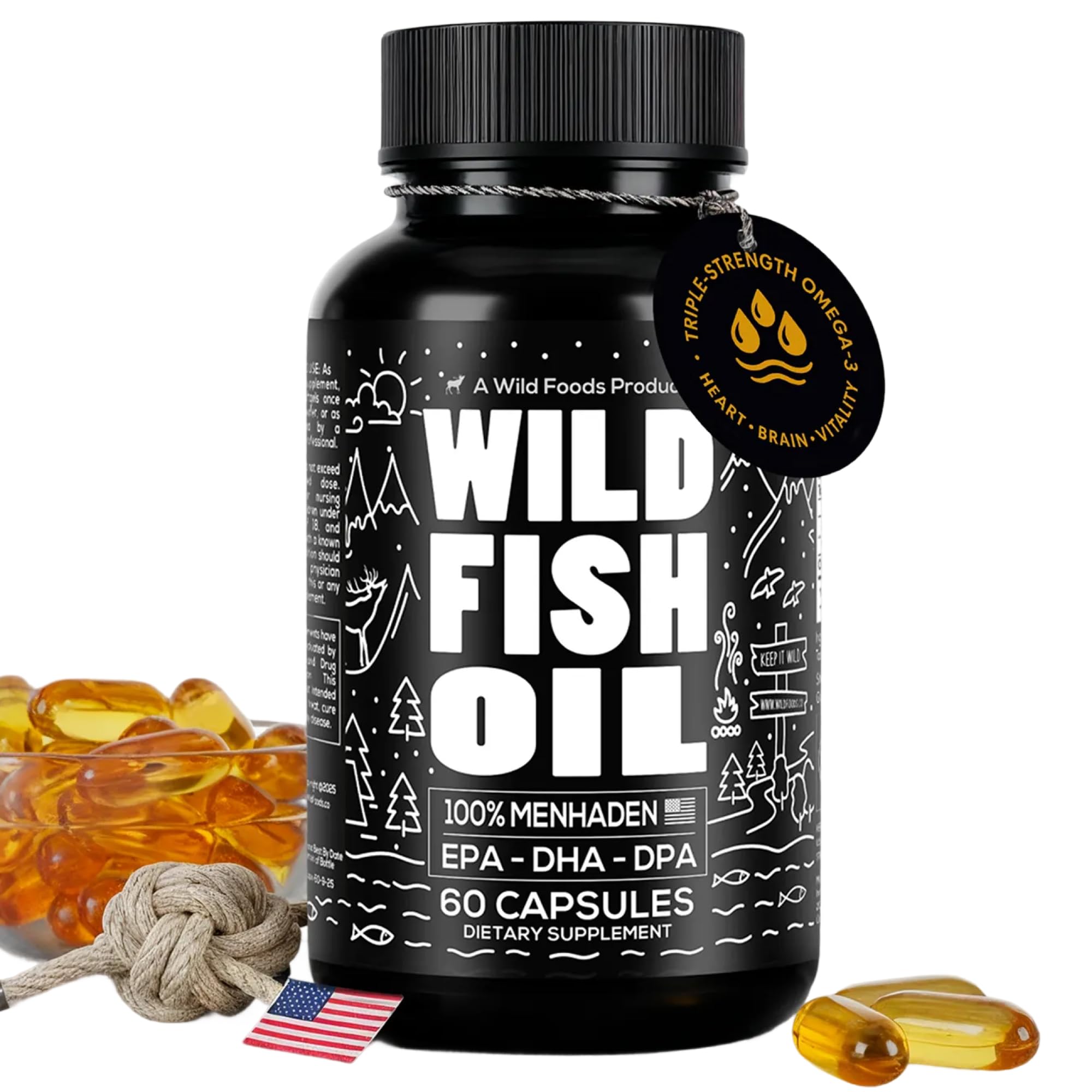 Wild Foods Fish Oil Omega 3 Supplements | 1600 mg | Highly-Potent: DPA, DHA, EPA | Burpless, Odorless, Non-GMO, Gluten Free | For Brain & Heart Health, Joint Support | 60 Capsules (1 pk) | 30 Servings - TrustMedUSA