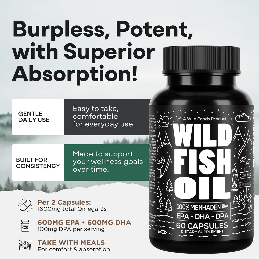 Wild Foods Fish Oil Omega 3 Supplements | 1600 mg | Highly-Potent: DPA, DHA, EPA | Burpless, Odorless, Non-GMO, Gluten Free | For Brain & Heart Health, Joint Support | 60 Capsules (1 pk) | 30 Servings - TrustMedUSA