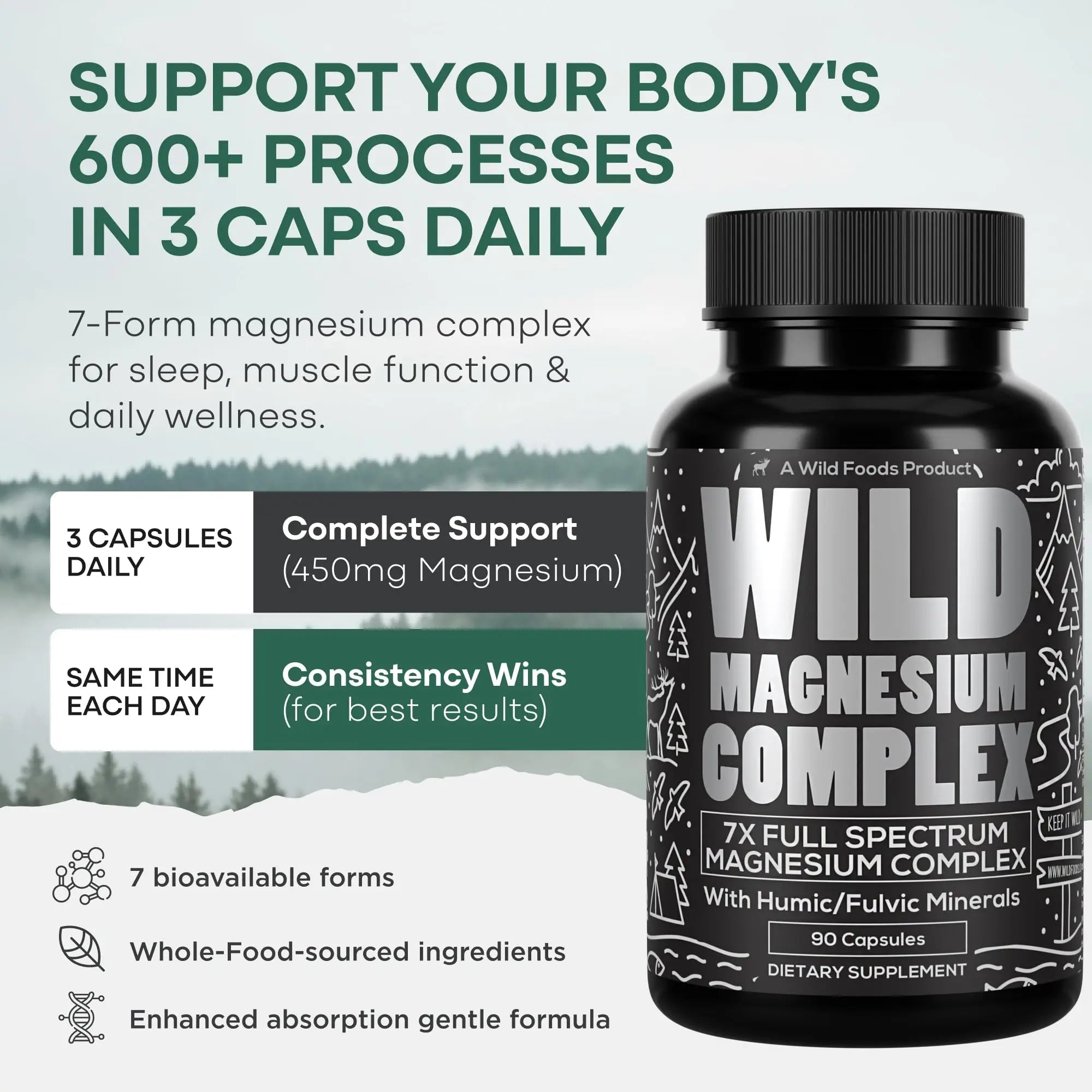 Wild Foods Magnesium Complex Supplement with 7X Forms, 90 Capsules | High Absorption, Full Spectrum, Easy Digestion | 500mg Glycinate, Bisglycinate, Malate, Orotate, Citrate, Taurate - TrustMedUSA