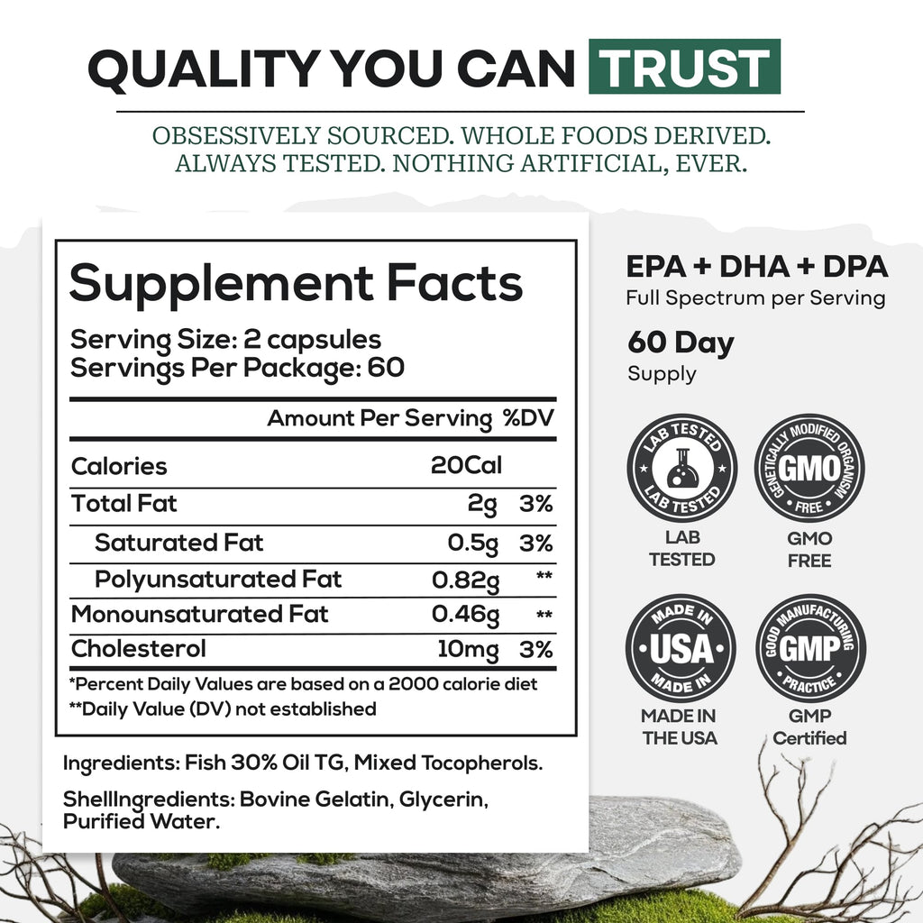 Wild Foods Omega 3 Fish Oil Supplement, 120 Capsules (1 pk) | Wild Caught, Burpless, Odorless, Non-GMO, Gluten Free | DPA, DHA, EPA Triple Strength Heart & Joint Nutrition for Women & Men - TrustMedUSA