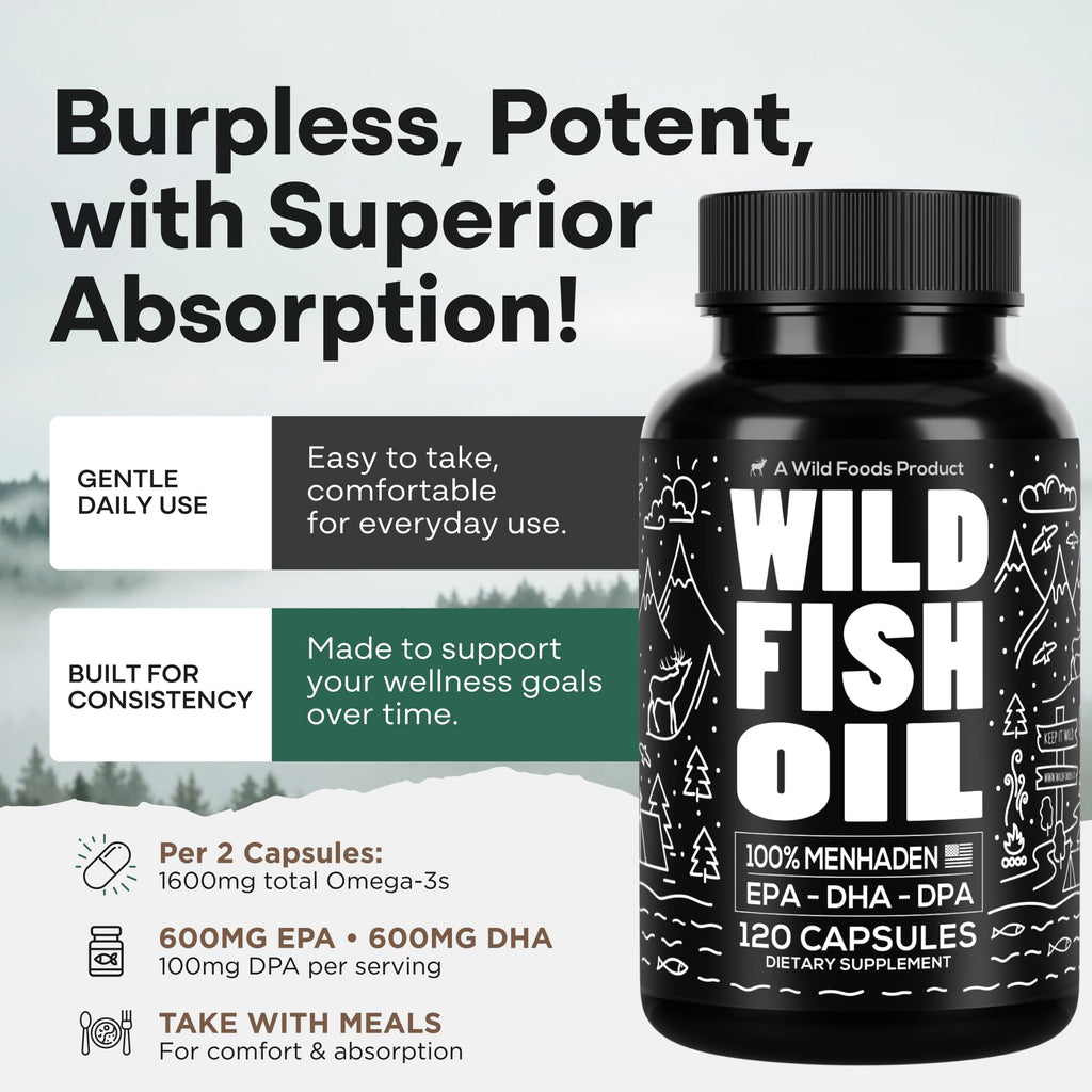 Wild Foods Omega 3 Fish Oil Supplement, 120 Capsules (1 pk) | Wild Caught, Burpless, Odorless, Non-GMO, Gluten Free | DPA, DHA, EPA Triple Strength Heart & Joint Nutrition for Women & Men - TrustMedUSA