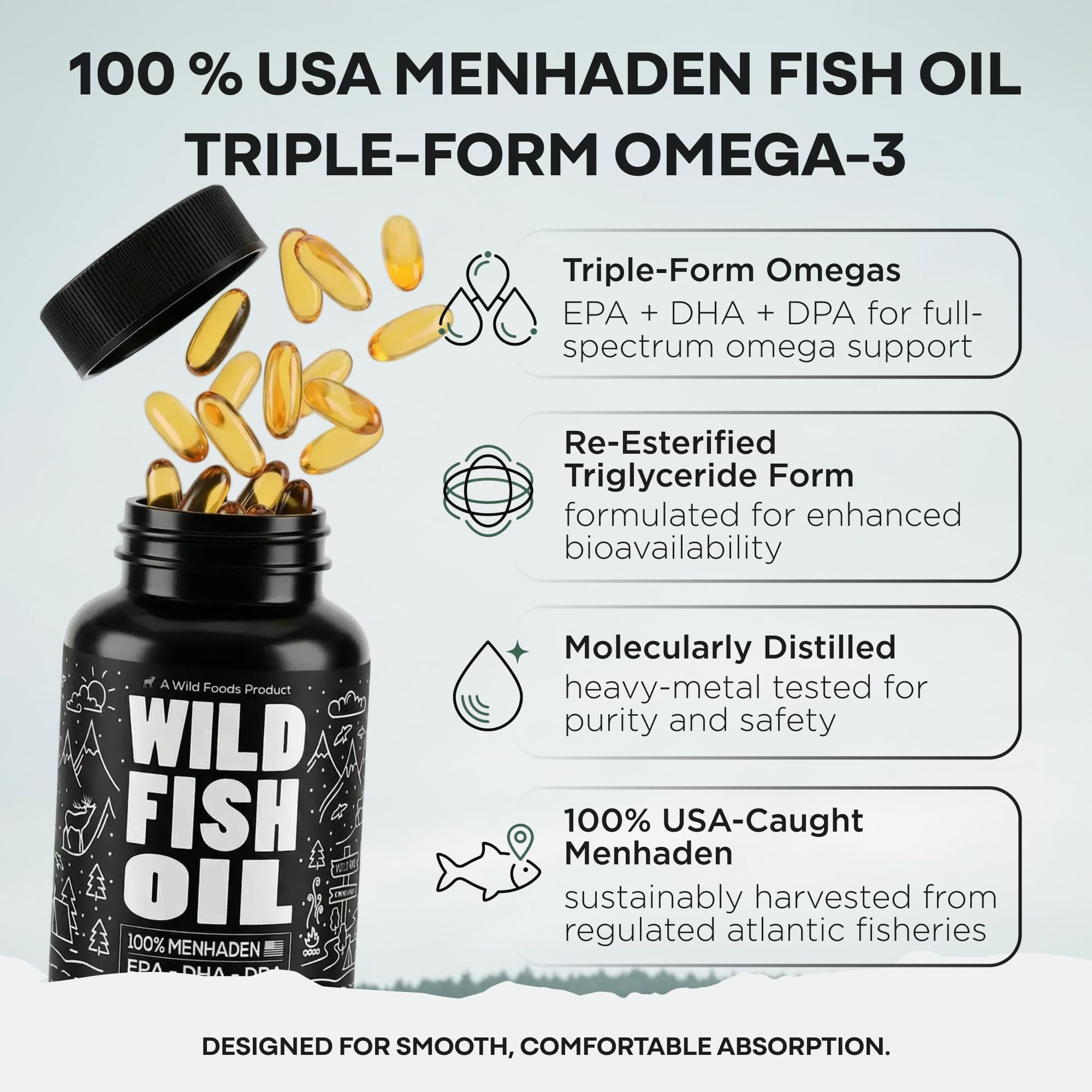 Wild Foods Omega 3 Fish Oil Supplement, 120 Capsules (1 pk) | Wild Caught, Burpless, Odorless, Non-GMO, Gluten Free | DPA, DHA, EPA Triple Strength Heart & Joint Nutrition for Women & Men - TrustMedUSA