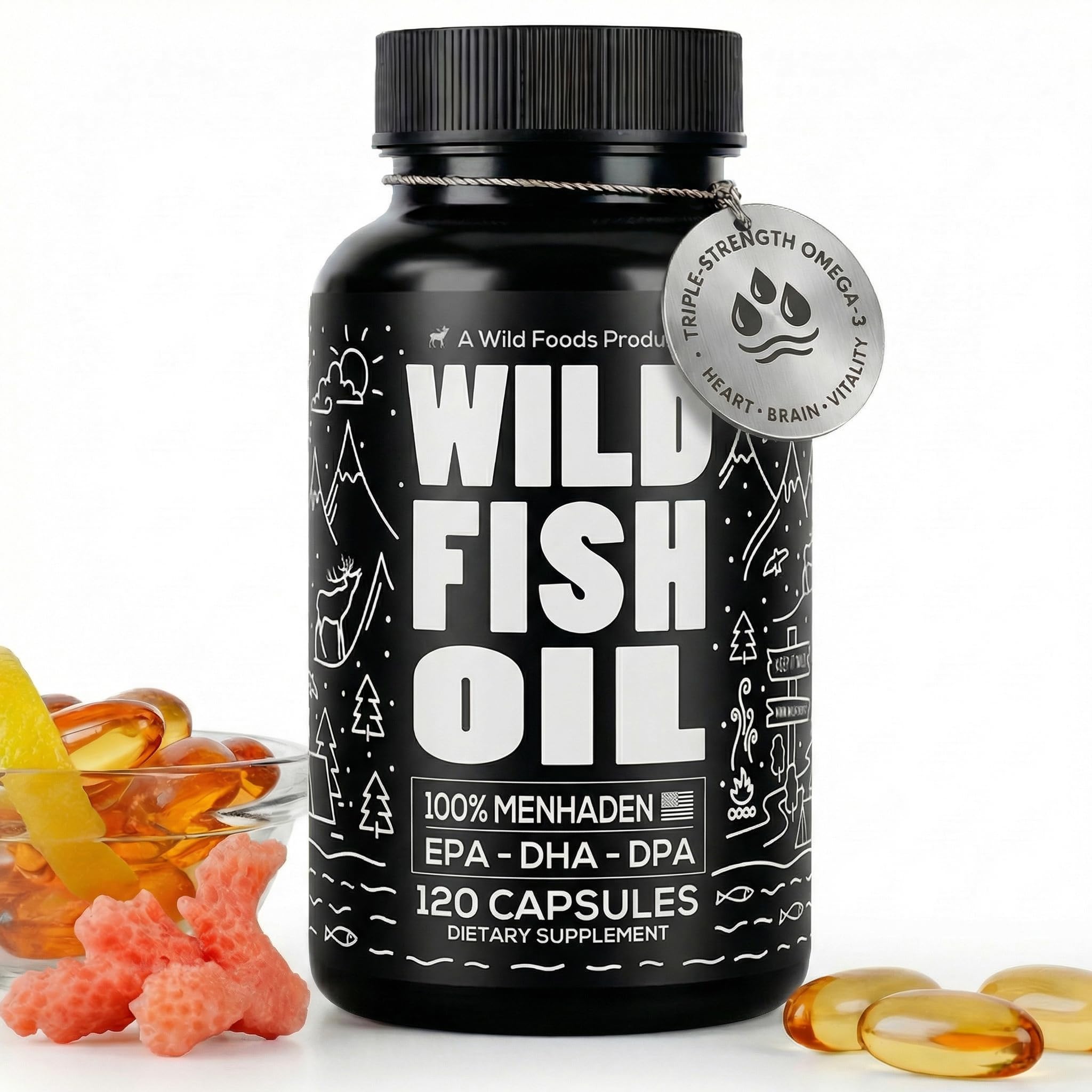 Wild Foods Omega 3 Fish Oil Supplement, 120 Capsules (1 pk) | Wild Caught, Burpless, Odorless, Non-GMO, Gluten Free | DPA, DHA, EPA Triple Strength Heart & Joint Nutrition for Women & Men - TrustMedUSA
