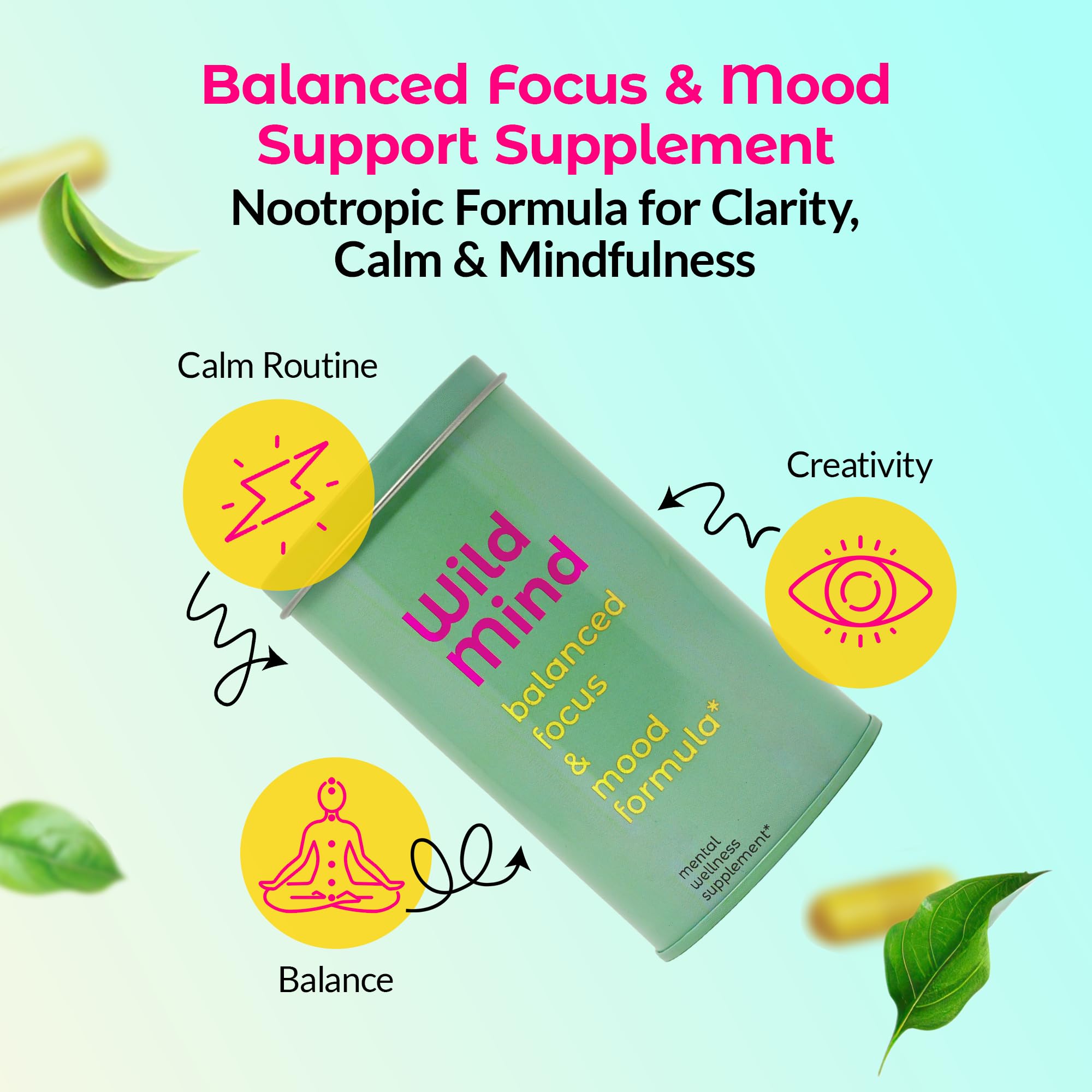 Wild Mind Mental Clarity Balanced Focus & Mood Support Supplement for Mental Wellness– 4-Ingredient Nootropic Brain Support for Calm & Energy – Vegan, 90 Capsules, 30-Day Supply - TrustMedUSA