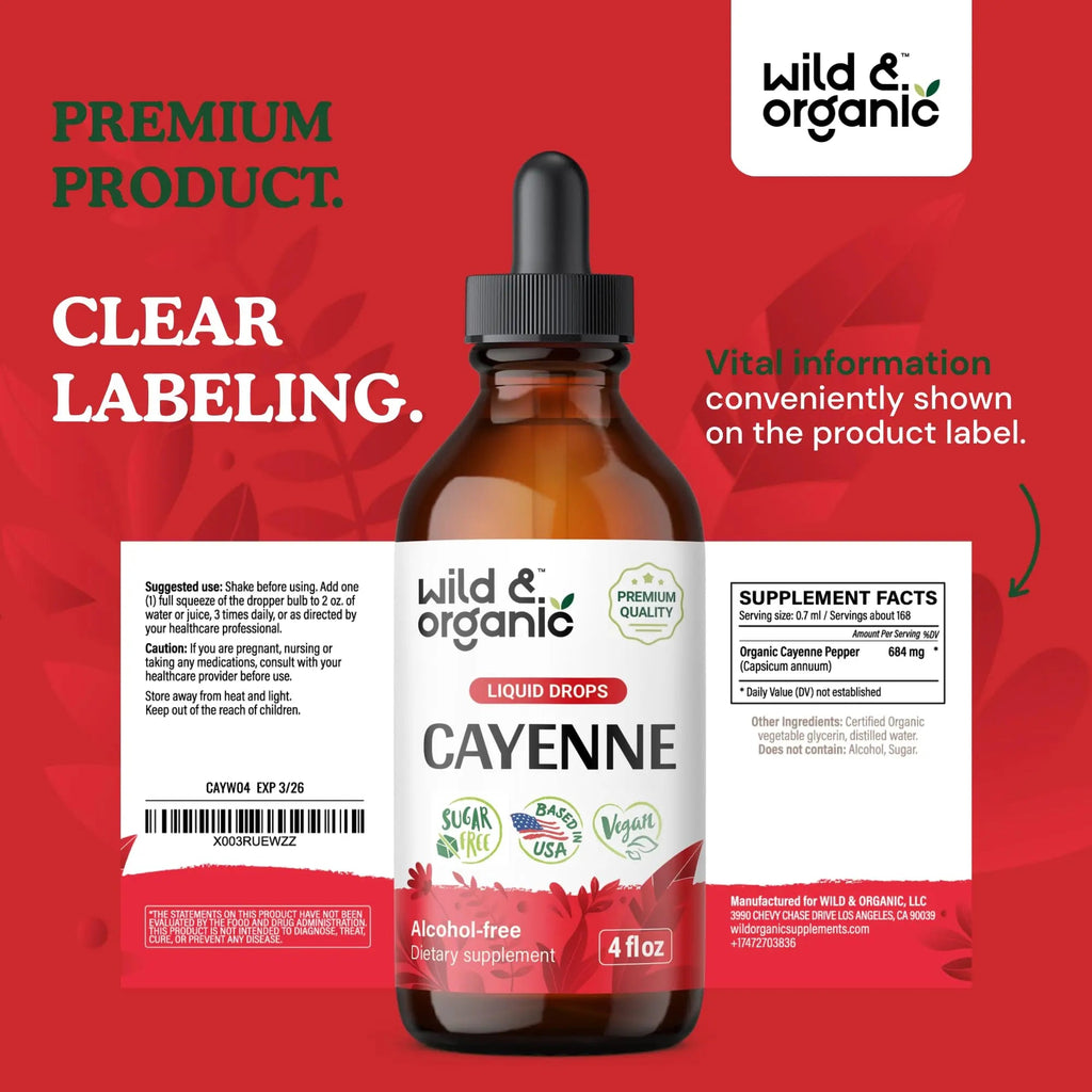 Wild & Organic Cayenne Pepper Tincture - Digestive Support with Capsaicin Extract - Cayenne Pepper Liquid Drops for Overall Well-Being - Unflavored, Vegan, Sugar & Alcohol-Free - 4 fl oz - TrustMedUSA