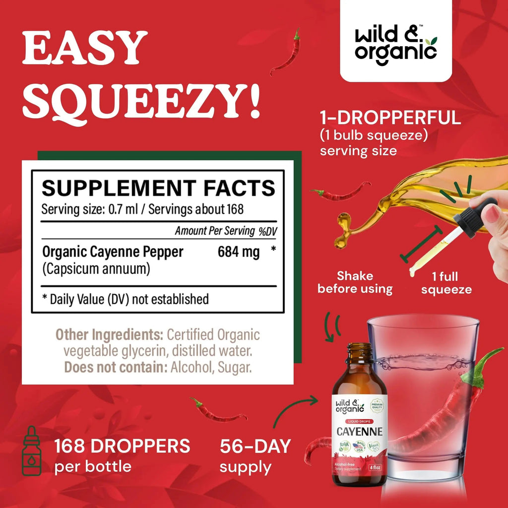 Wild & Organic Cayenne Pepper Tincture - Digestive Support with Capsaicin Extract - Cayenne Pepper Liquid Drops for Overall Well-Being - Unflavored, Vegan, Sugar & Alcohol-Free - 4 fl oz - TrustMedUSA