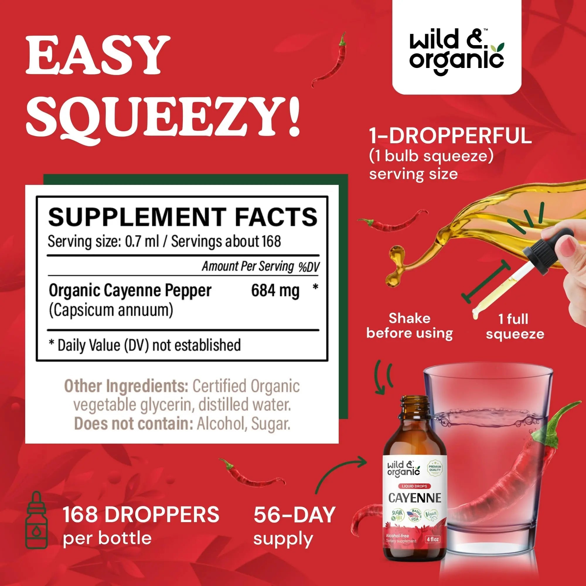 Wild & Organic Cayenne Pepper Tincture - Digestive Support with Capsaicin Extract - Cayenne Pepper Liquid Drops for Overall Well-Being - Unflavored, Vegan, Sugar & Alcohol-Free - 4 fl oz - TrustMedUSA
