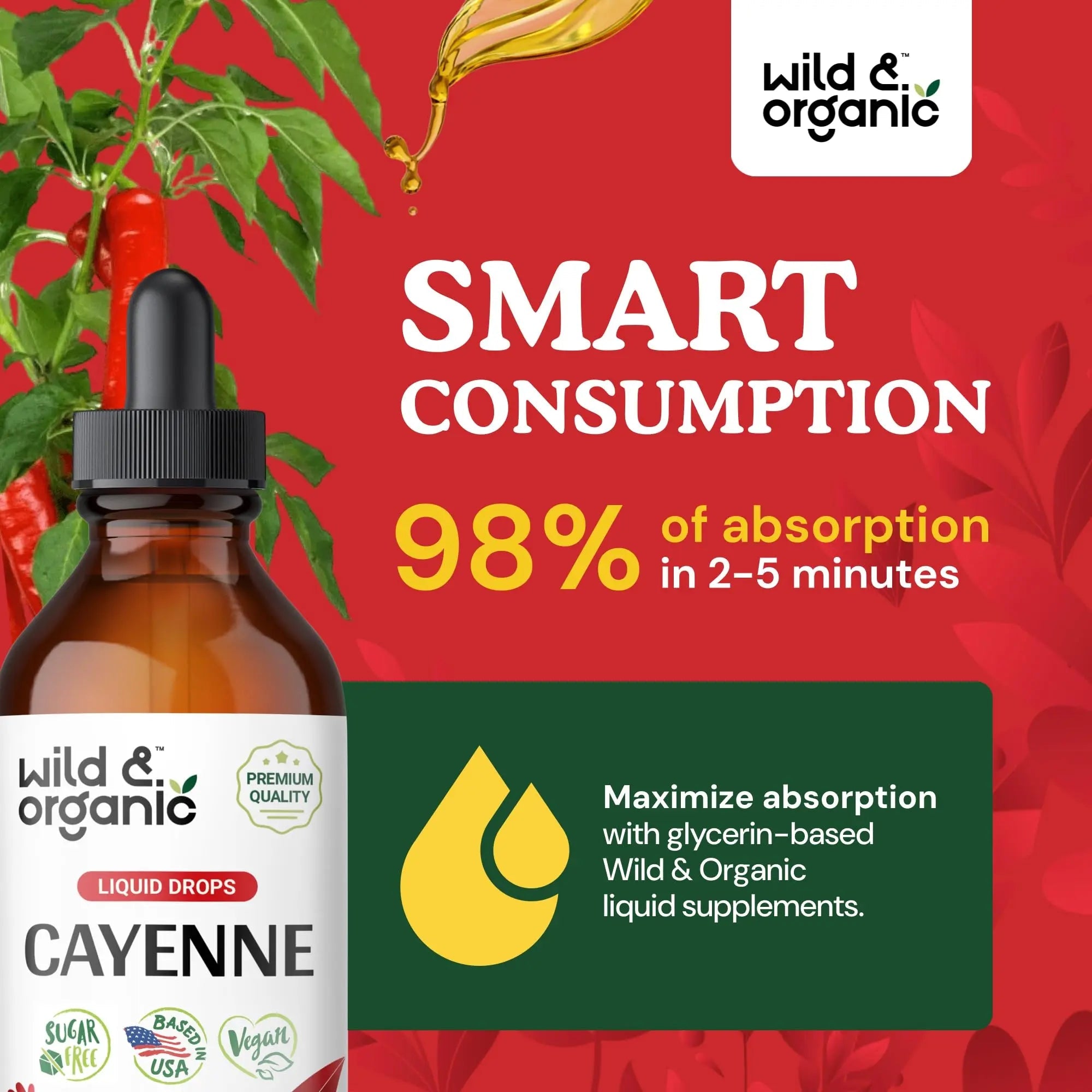 Wild & Organic Cayenne Pepper Tincture - Digestive Support with Capsaicin Extract - Cayenne Pepper Liquid Drops for Overall Well-Being - Unflavored, Vegan, Sugar & Alcohol-Free - 4 fl oz - TrustMedUSA