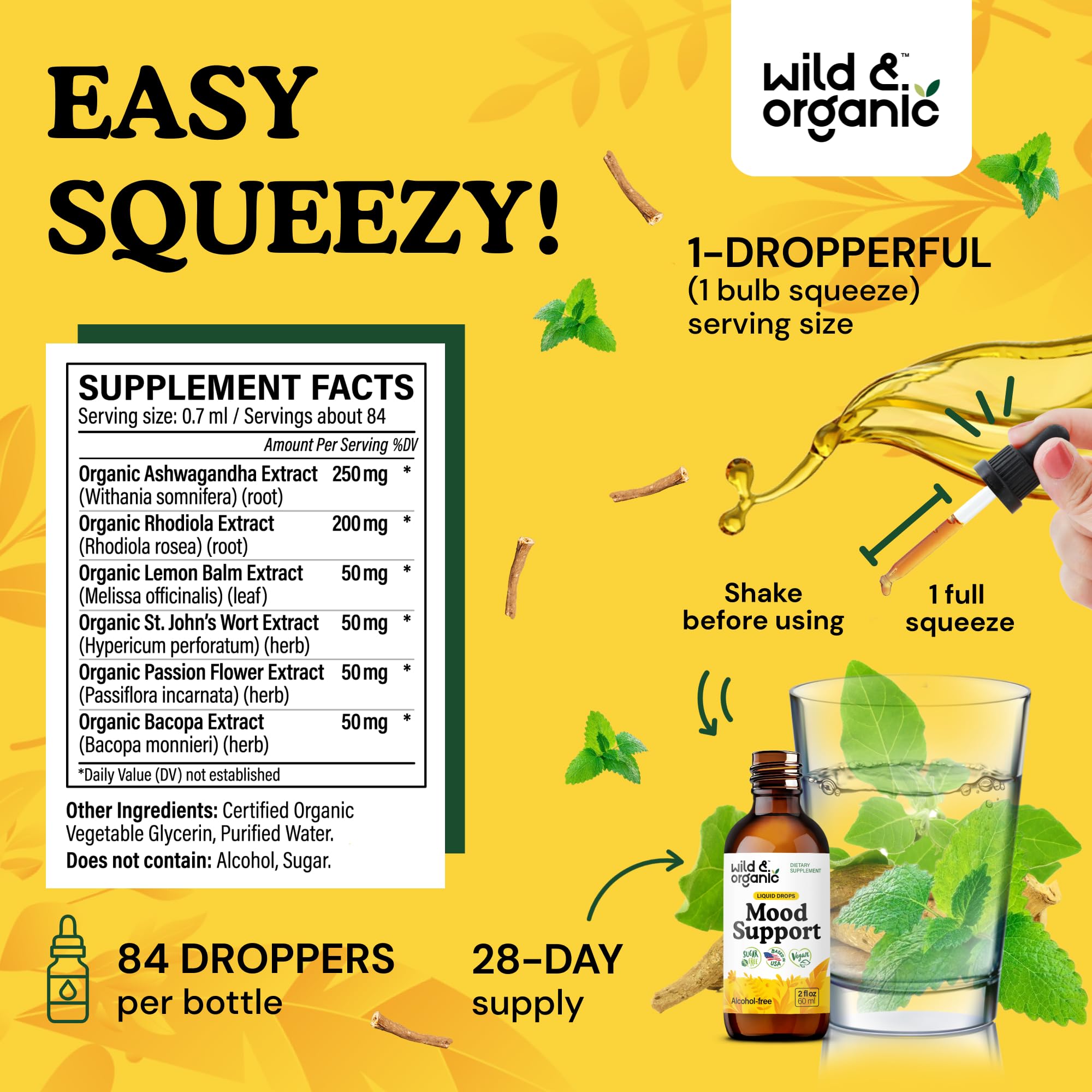 Wild & Organic Mood Support Drops - Good Mood Supplements w/Ashwagandha Root & Rhodiola Rosea - Natural Liquid Drops for Positive Energy - Calm and Relax Supplements for Women and Men - 2 oz - Maple Wellness Supplements