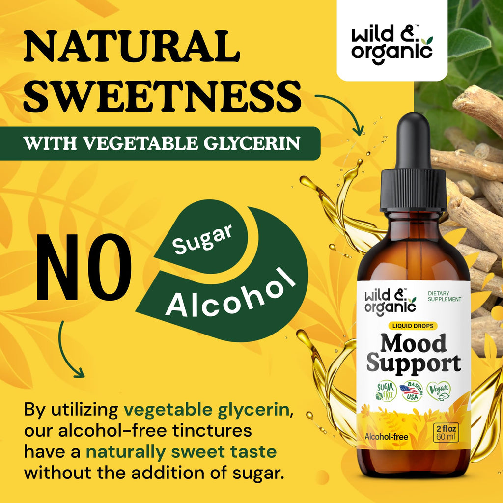 Wild & Organic Mood Support Drops - Good Mood Supplements w/Ashwagandha Root & Rhodiola Rosea - Natural Liquid Drops for Positive Energy - Calm and Relax Supplements for Women and Men - 2 oz - Maple Wellness Supplements