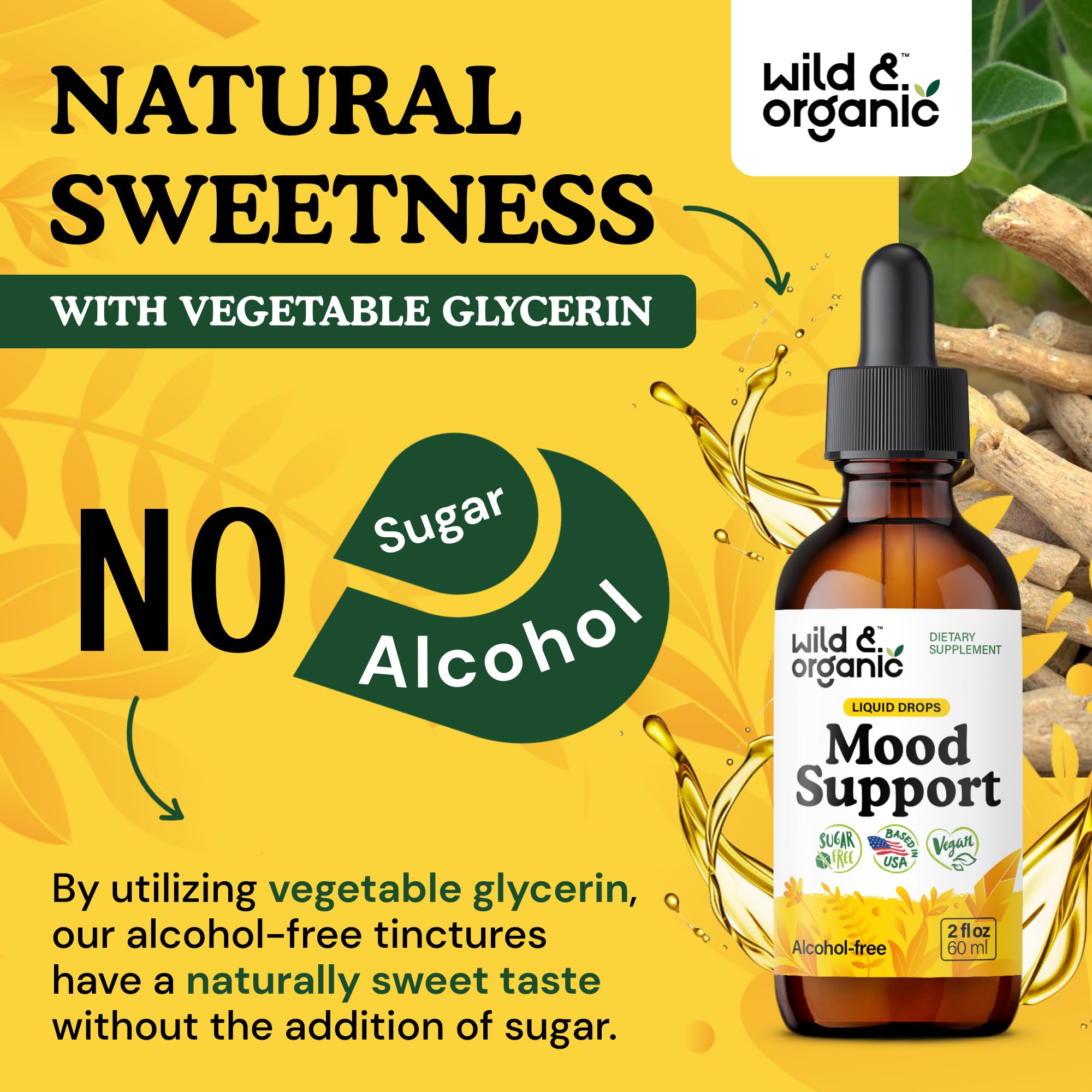 Wild & Organic Mood Support Drops - Good Mood Supplements w/Ashwagandha Root & Rhodiola Rosea - Natural Liquid Drops for Positive Energy - Calm and Relax Supplements for Women and Men - 2 oz - Maple Wellness Supplements