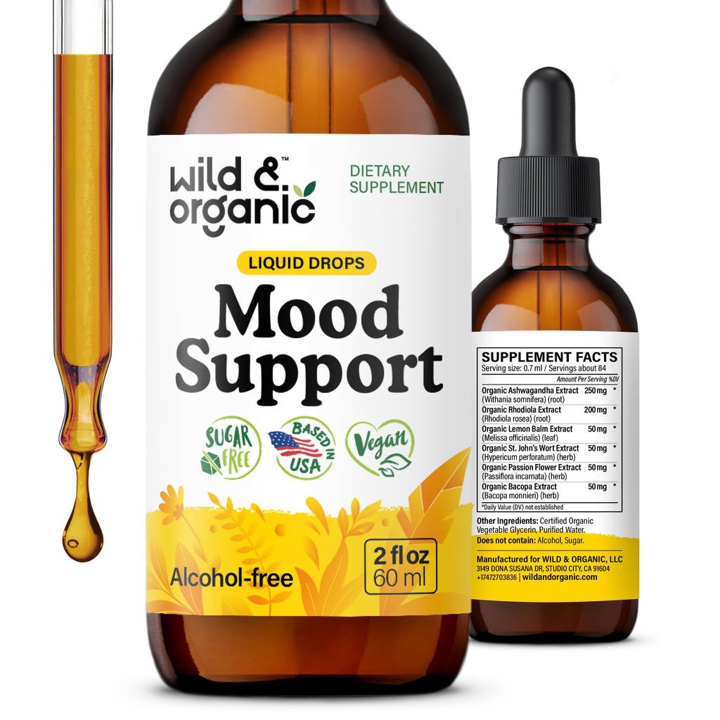 Wild & Organic Mood Support Drops - Good Mood Supplements w/Ashwagandha Root & Rhodiola Rosea - Natural Liquid Drops for Positive Energy - Calm and Relax Supplements for Women and Men - 2 oz - Maple Wellness Supplements