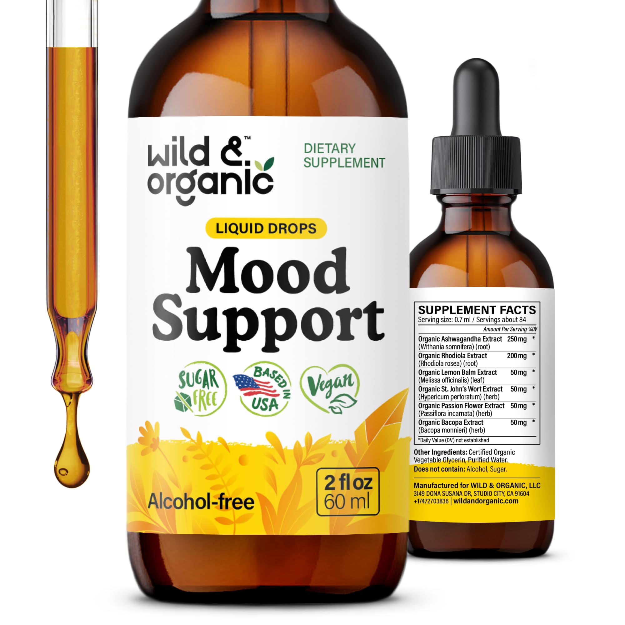 Wild & Organic Mood Support Drops - Good Mood Supplements w/Ashwagandha Root & Rhodiola Rosea - Natural Liquid Drops for Positive Energy - Calm and Relax Supplements for Women and Men - 2 oz - Maple Wellness Supplements