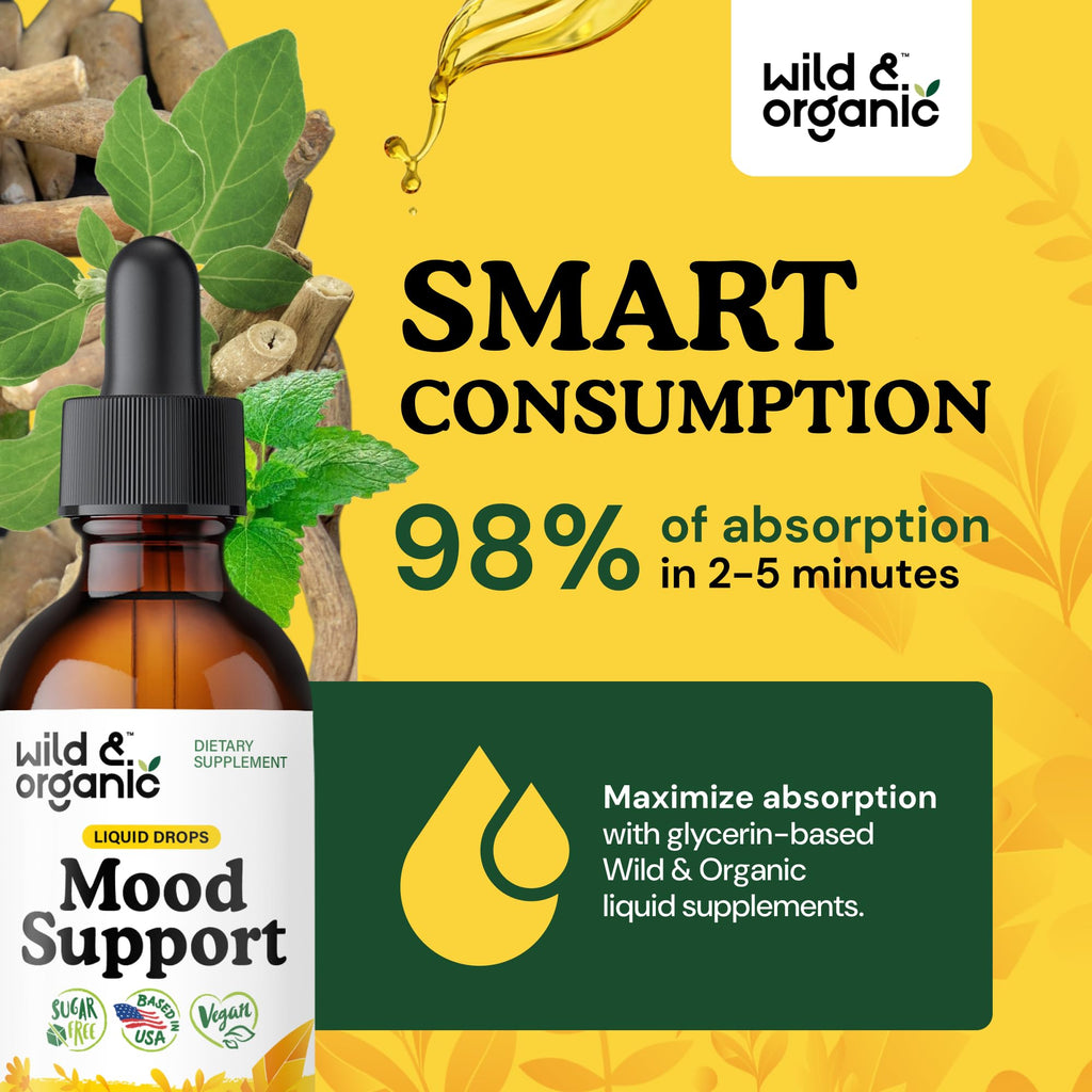 Wild & Organic Mood Support Drops - Good Mood Supplements w/Ashwagandha Root & Rhodiola Rosea - Natural Liquid Drops for Positive Energy - Calm and Relax Supplements for Women and Men - 2 oz - Maple Wellness Supplements