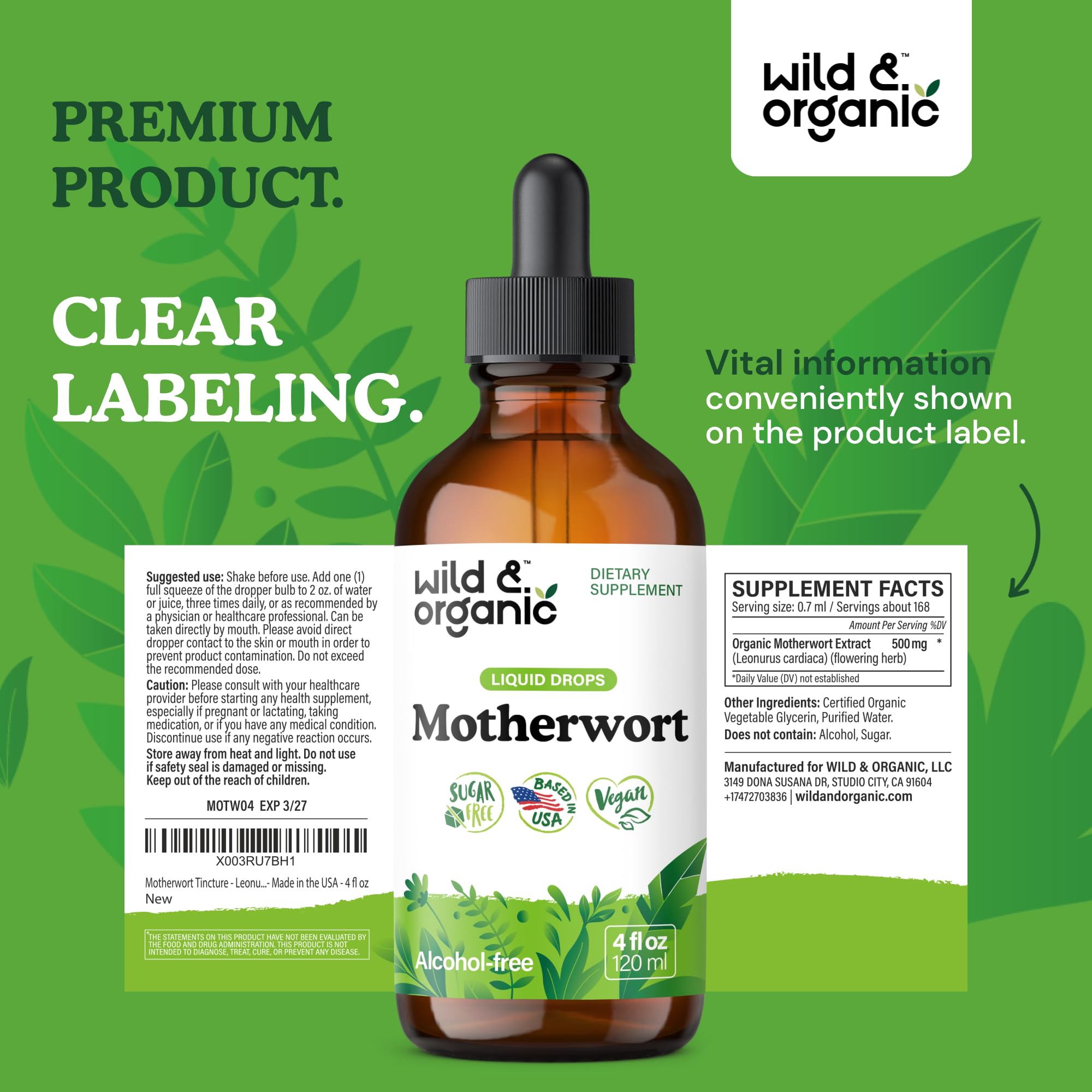 Wild & Organic Motherwort Tincture - Good Mood, Calmness, Overall Support - Supplements for Women with Motherwort Herb - Vegan, Sugar & Alcohol-Free Extract Drops - 4 fl oz - TrustMedUSA