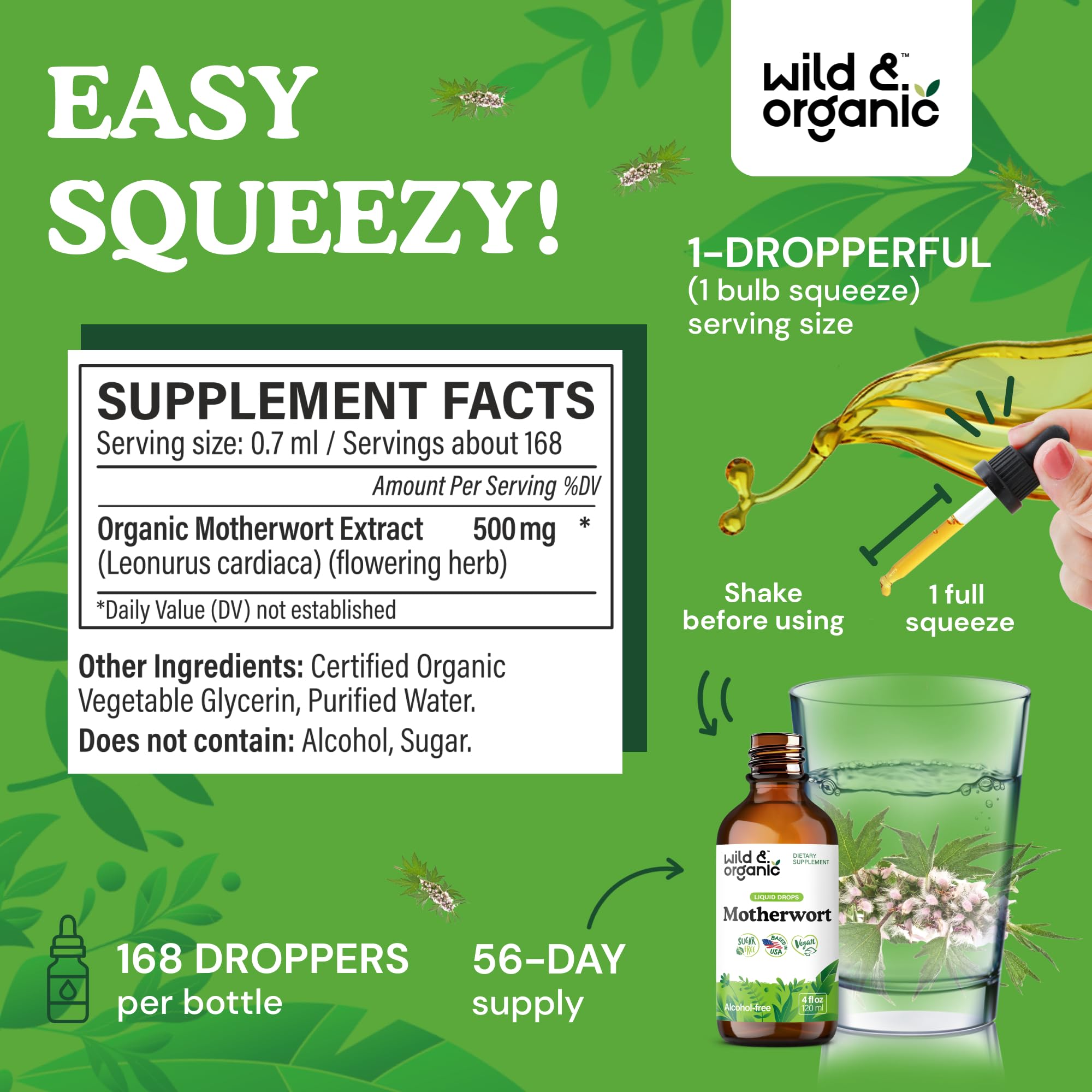 Wild & Organic Motherwort Tincture - Good Mood, Calmness, Overall Support - Supplements for Women with Motherwort Herb - Vegan, Sugar & Alcohol-Free Extract Drops - 4 fl oz - TrustMedUSA
