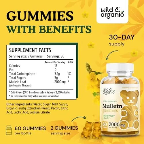 Wild & Organic Mullein Gummies - Daily Dietary Supplement for Respiratory, Digestive - TrustMedUSA