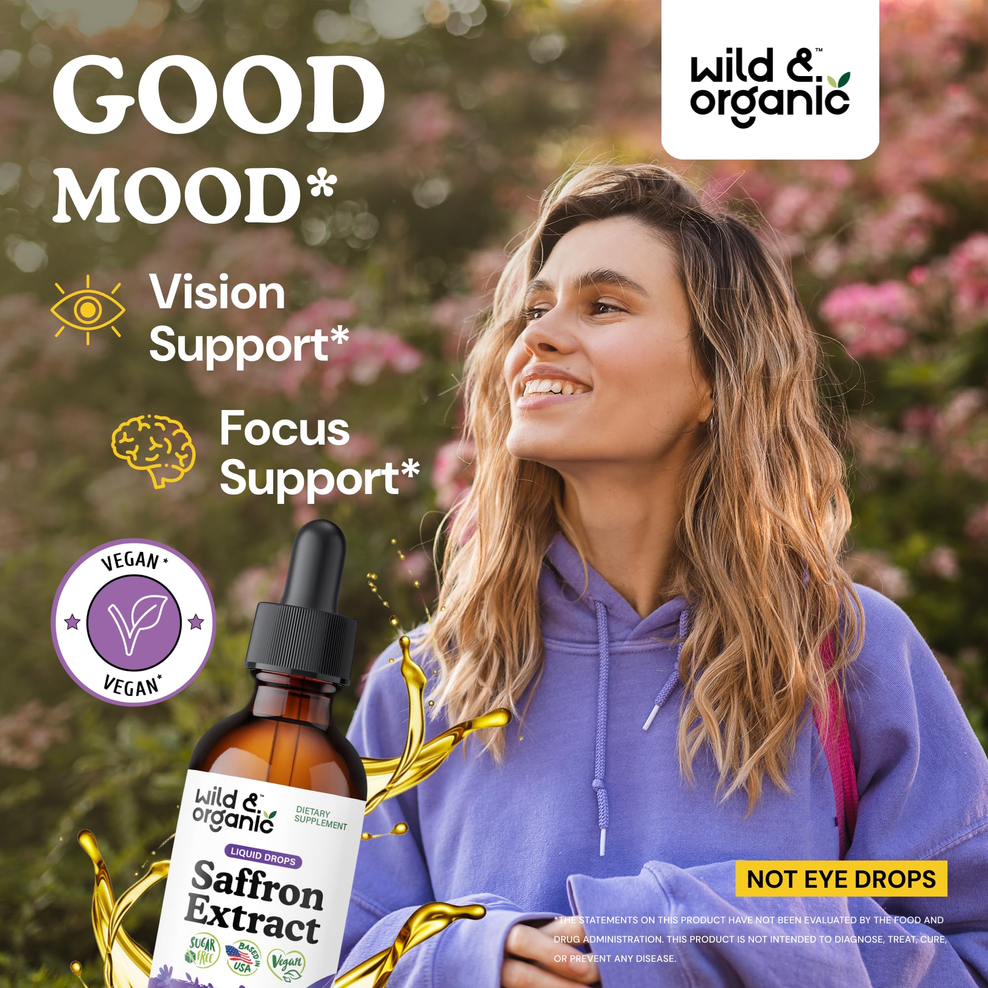 Wild & Organic Saffron Supplements 88.5 mg - Mood, Brain & Vision Support - Liquid Saffron Drops - Add to Tea - Crocus Sativus Herb Extract - Vegan, Sugar & Alcohol-Free Tincture - 2 fl oz - Maple Wellness Supplements