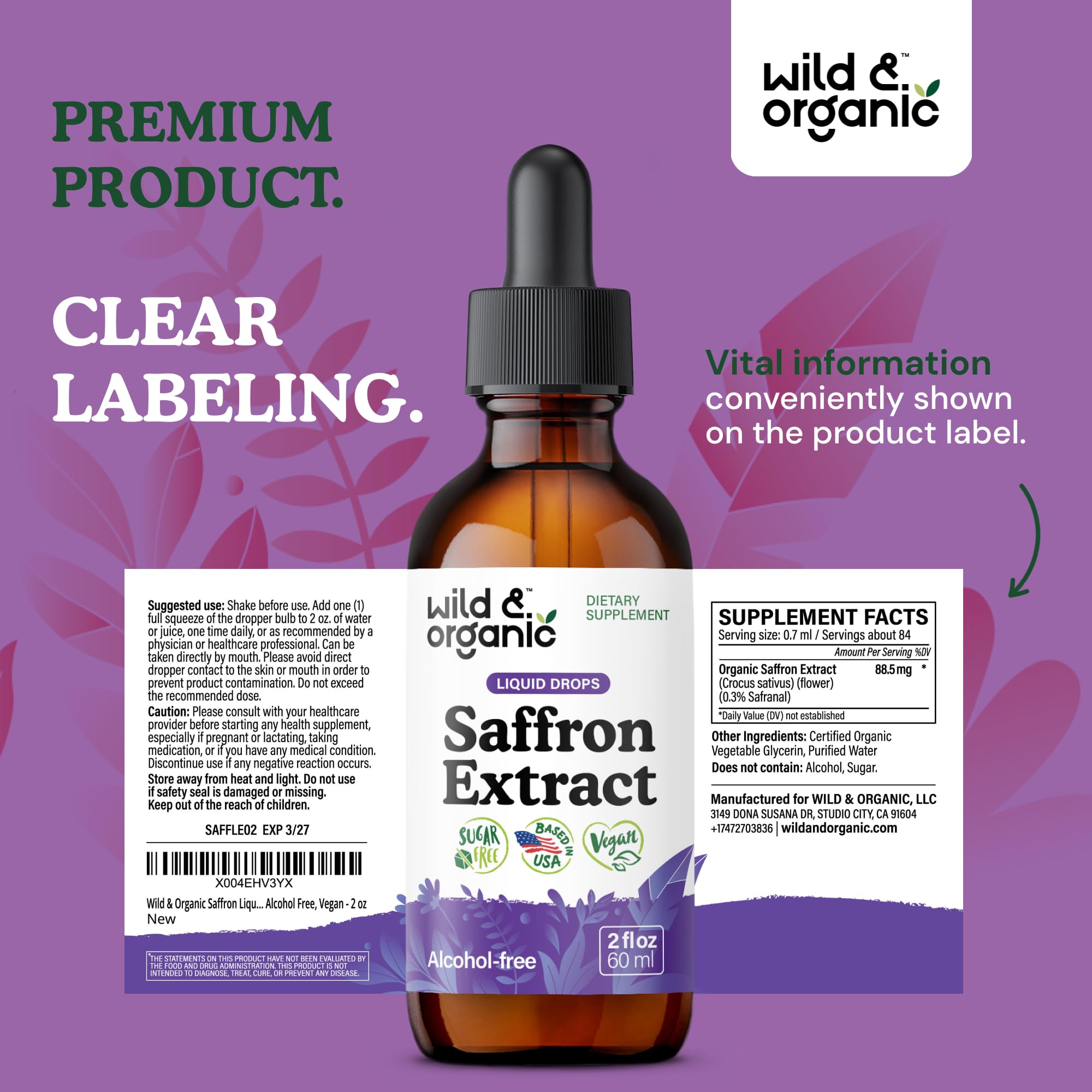 Wild & Organic Saffron Supplements 88.5 mg - Mood, Brain & Vision Support - Liquid Saffron Drops - Add to Tea - Crocus Sativus Herb Extract - Vegan, Sugar & Alcohol-Free Tincture - 2 fl oz - Maple Wellness Supplements