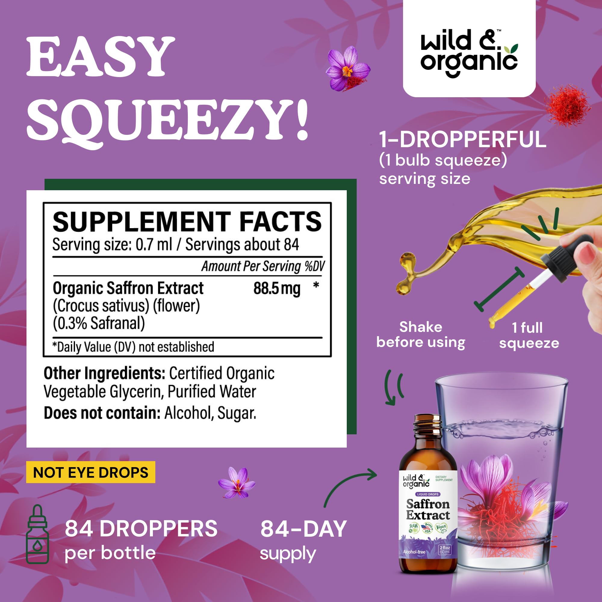 Wild & Organic Saffron Supplements 88.5 mg - Mood, Brain & Vision Support - Liquid Saffron Drops - Add to Tea - Crocus Sativus Herb Extract - Vegan, Sugar & Alcohol-Free Tincture - 2 fl oz - Maple Wellness Supplements