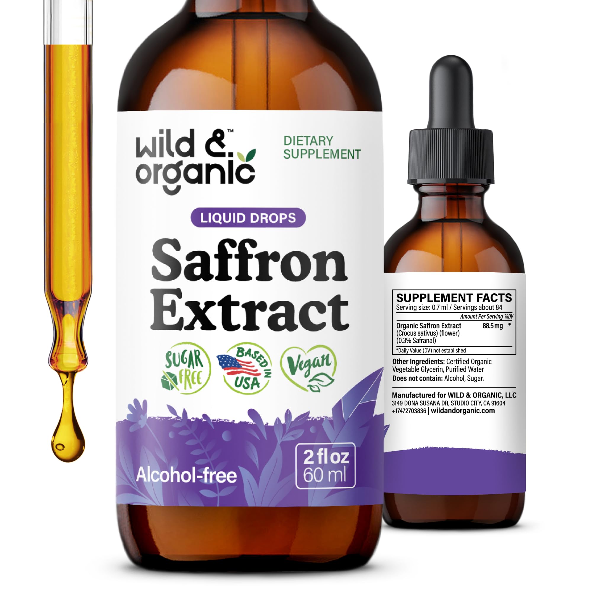 Wild & Organic Saffron Supplements 88.5 mg - Mood, Brain & Vision Support - Liquid Saffron Drops - Add to Tea - Crocus Sativus Herb Extract - Vegan, Sugar & Alcohol-Free Tincture - 2 fl oz - Maple Wellness Supplements