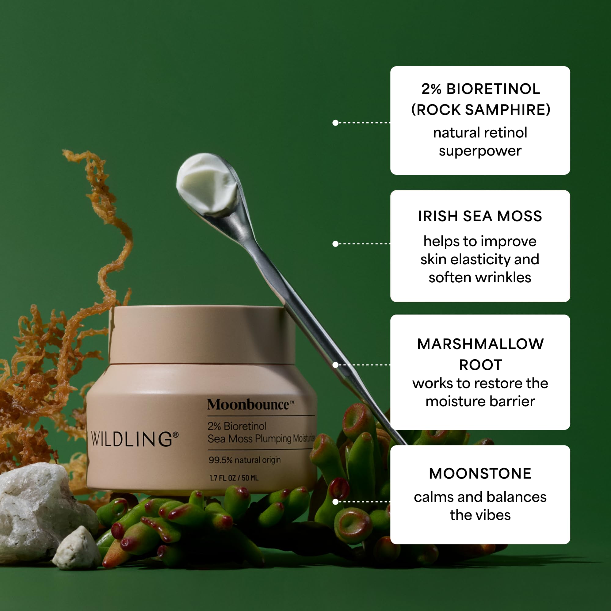 WILDLING Moonbounce 2% Bioretinol Plumping Moisturizer I Rock Samphire, Irish Sea Moss, Marshmallow Root, Moonstone I Hydrates, Boosts Elasticity, Firms I 99.5% Natural, Vegan, Cruelty Free (1.7fl oz) - Maple Wellness Supplements