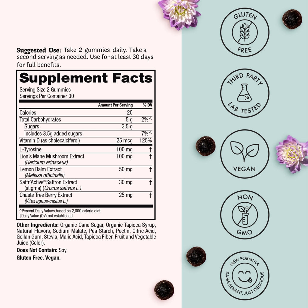 Winged Wellness Happy Her Mood Gummies - Daily Mood Enhancer Support Supplement for Women - Vitamin D with Saffron, Lemon Balm, & Lions Mane Mushrooms for Balance & Calming Relief - 50 Vegan Gummies - Maple Wellness Supplements